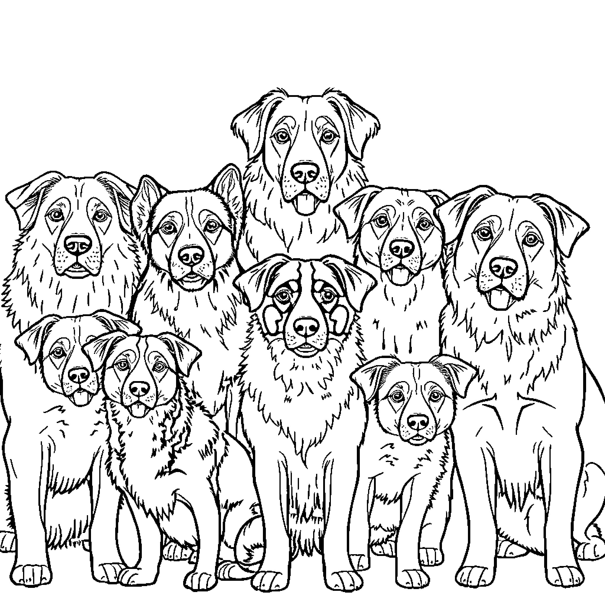 Dog group portrait with happy expressions Coloring Page (free black-and-white line drawing printable PDF for all, from beginners to advanced learners, including children, teens, adults, and seniors)