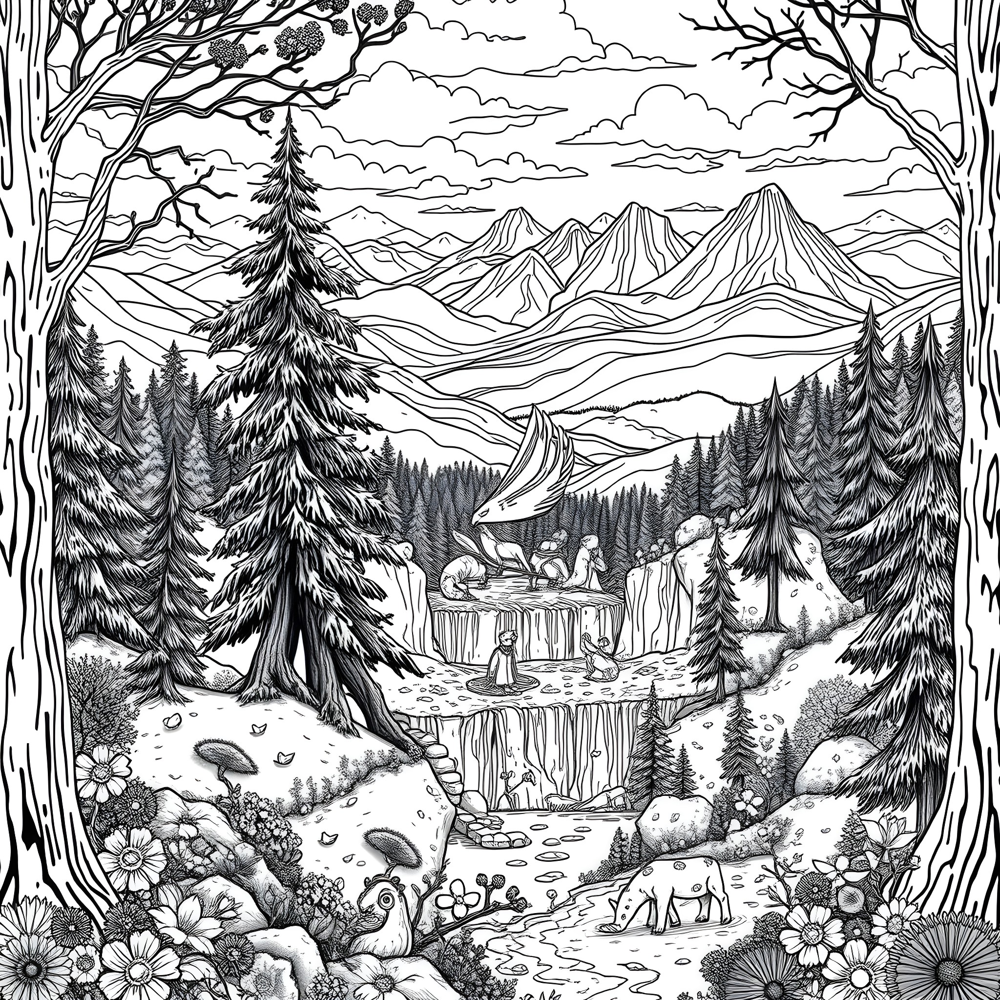Nature's Tranquil Tableau: A Woodland Gathering Coloring Page (free black-and-white line drawing printable PDF for all, from beginners to advanced learners, including children, teens, adults, and seniors)