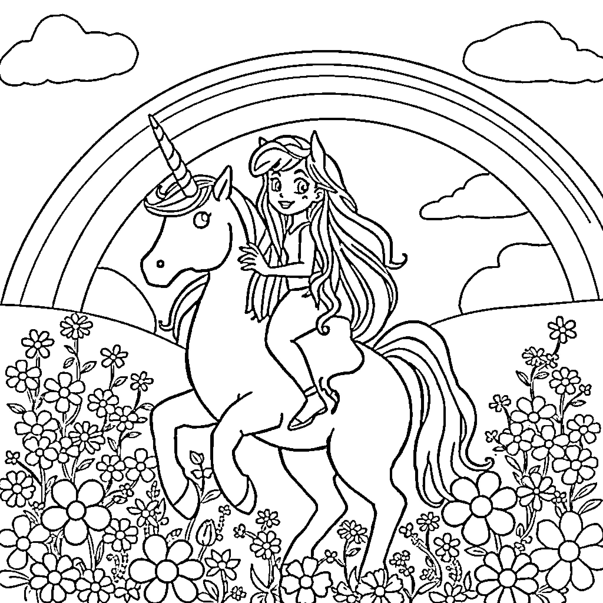 Bluy's Enchanting Unicorn Adventure Coloring Page (free black-and-white line drawing printable PDF for all, from beginners to advanced learners, including children, teens, adults, and seniors)