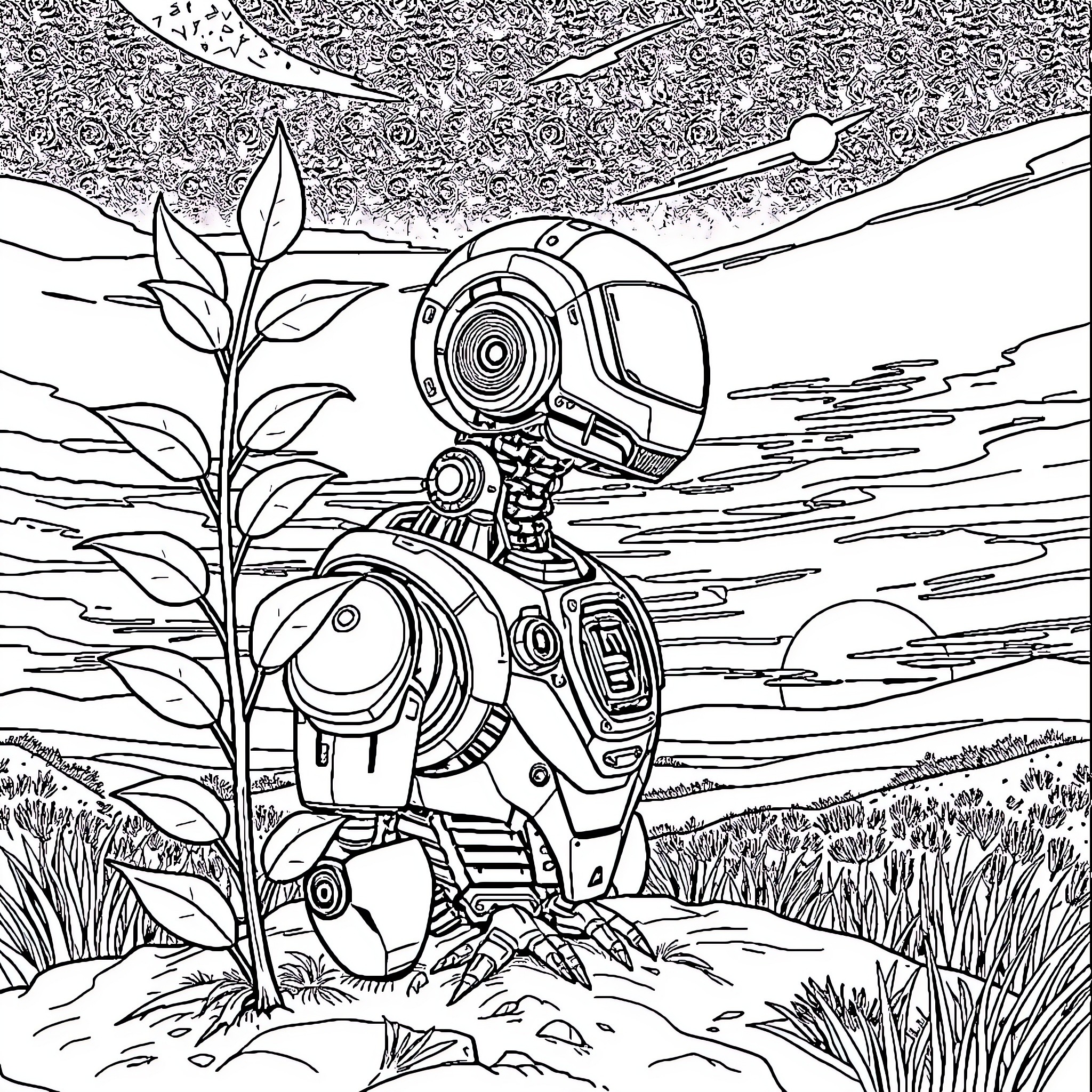Cyborg exploring the natural landscape Coloring Page (free black-and-white line drawing printable PDF for all, from beginners to advanced learners, including children, teens, adults, and seniors)