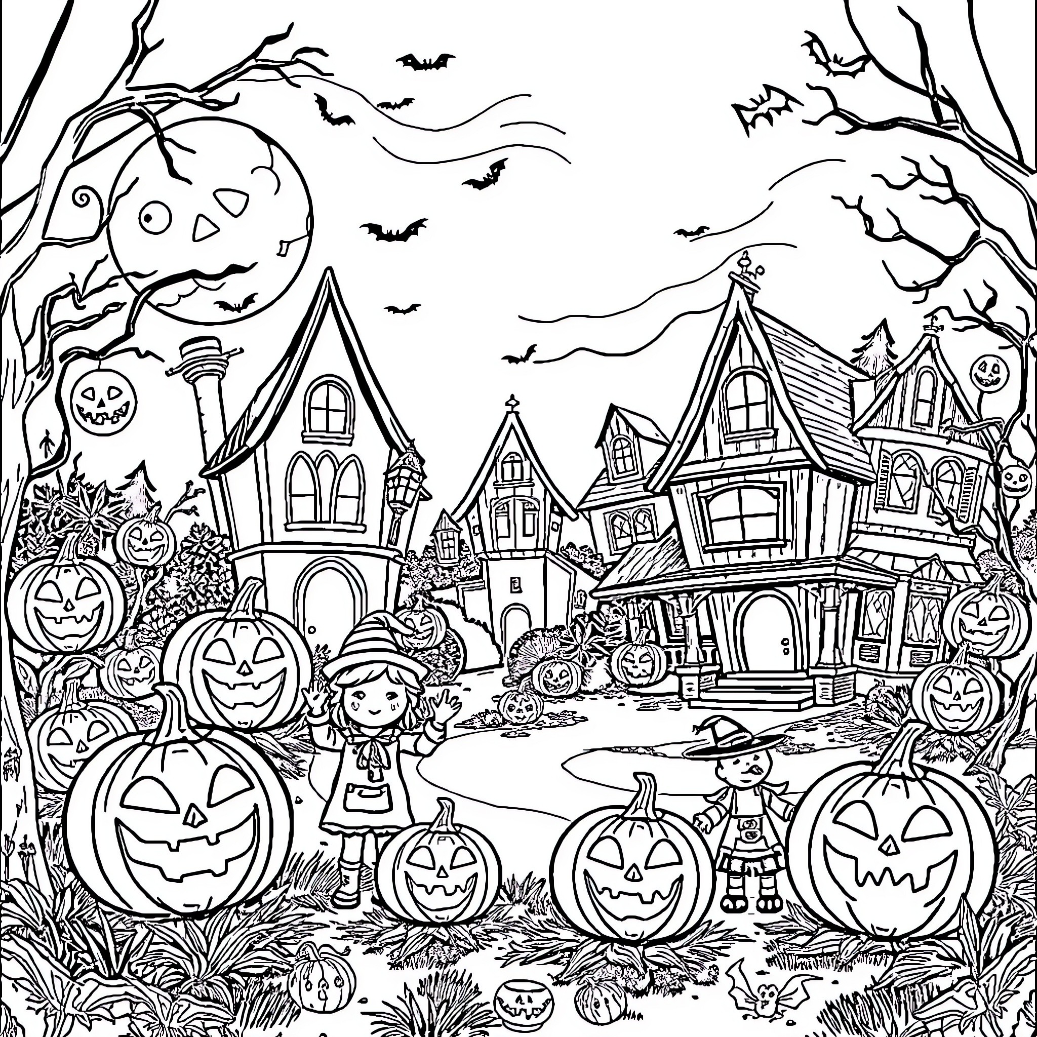 Halloween Night in a Spooky Village Coloring Page (free black-and-white line drawing printable PDF for all, from beginners to advanced learners, including children, teens, adults, and seniors)