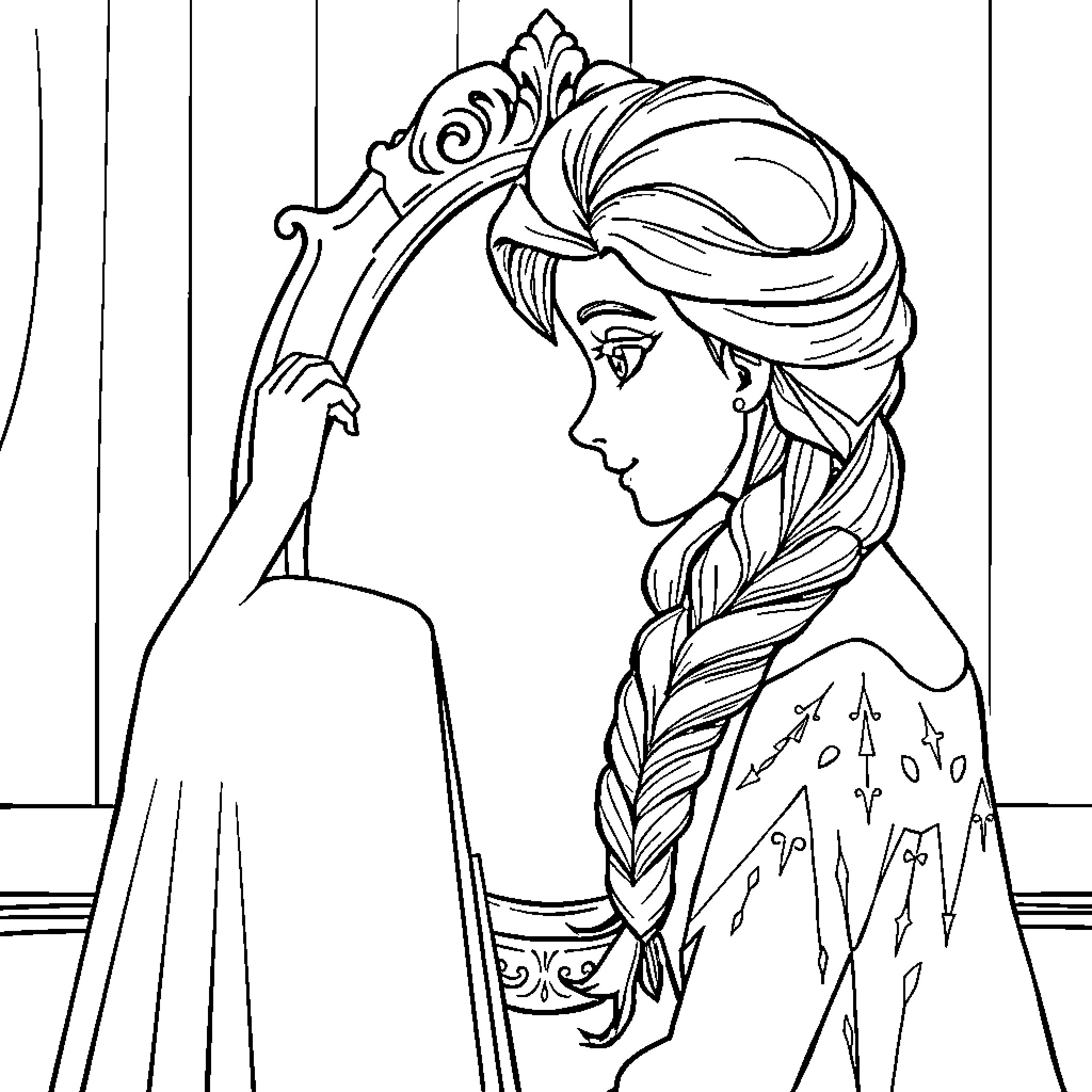 Frozen Princess with Braid and Crown Coloring Page (free black-and-white line drawing printable PDF for all, from beginners to advanced learners, including children, teens, adults, and seniors)