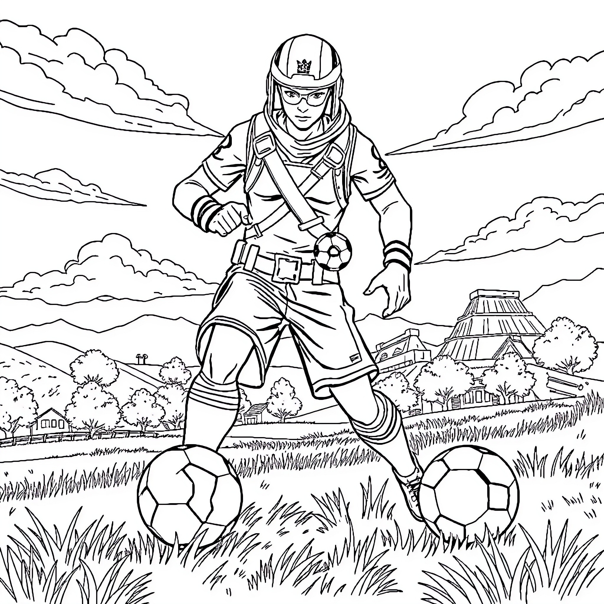 Fortnite Character Playing Soccer in Scenic Outdoors Coloring Page (free black-and-white line drawing printable PDF for all, from beginners to advanced learners, including children, teens, adults, and seniors)
