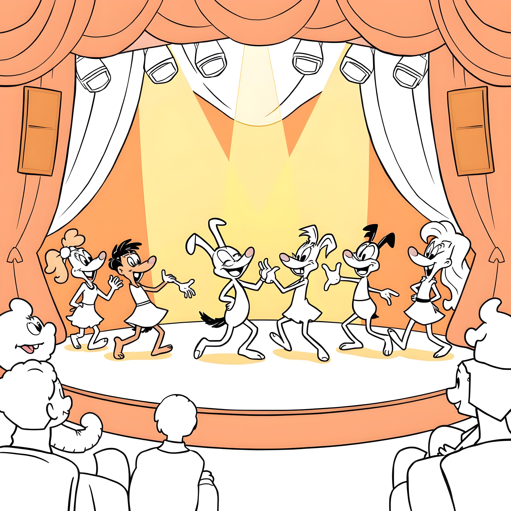 Animaniacs Performing on Stage Coloring Page (free black-and-white line drawing printable PDF for all, from beginners to advanced learners, including children, teens, adults, and seniors)