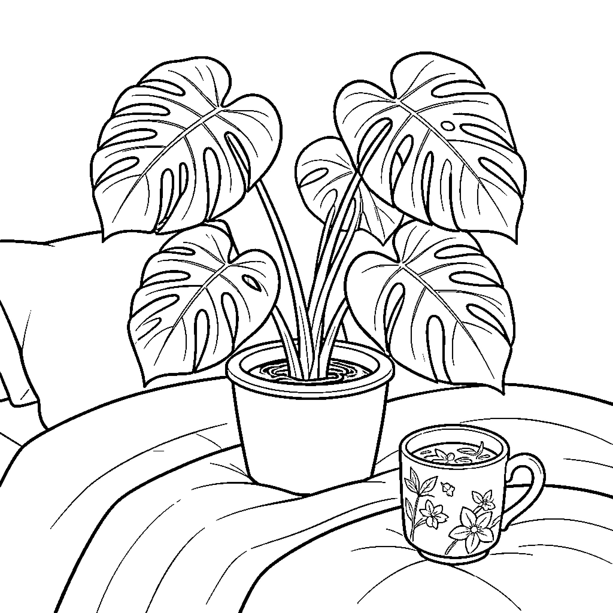 Monstera plant sitting in a pot beside a teacup Coloring Page (free black-and-white line drawing printable PDF for all, from beginners to advanced learners, including children, teens, adults, and seniors)