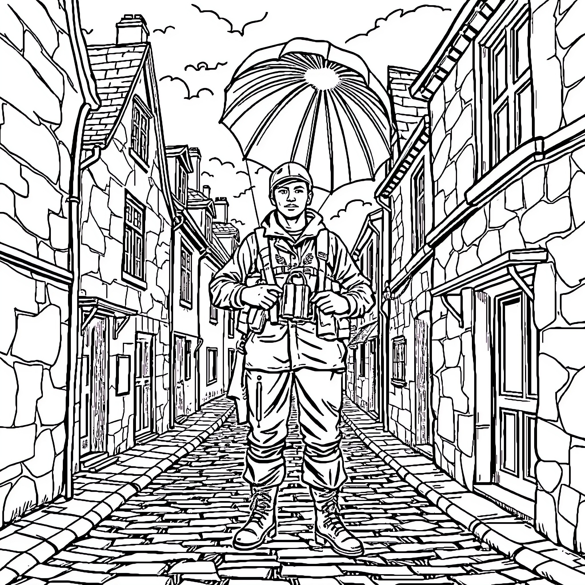 Paratrooper navigating through urban cityscape Coloring Page (free black-and-white line drawing printable PDF for all, from beginners to advanced learners, including children, teens, adults, and seniors)