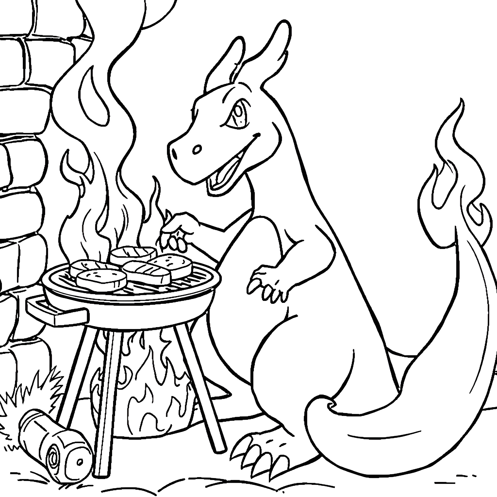 Charizard grilling delicious food on a campfire Coloring Page (free black-and-white line drawing printable PDF for all, from beginners to advanced learners, including children, teens, adults, and seniors)