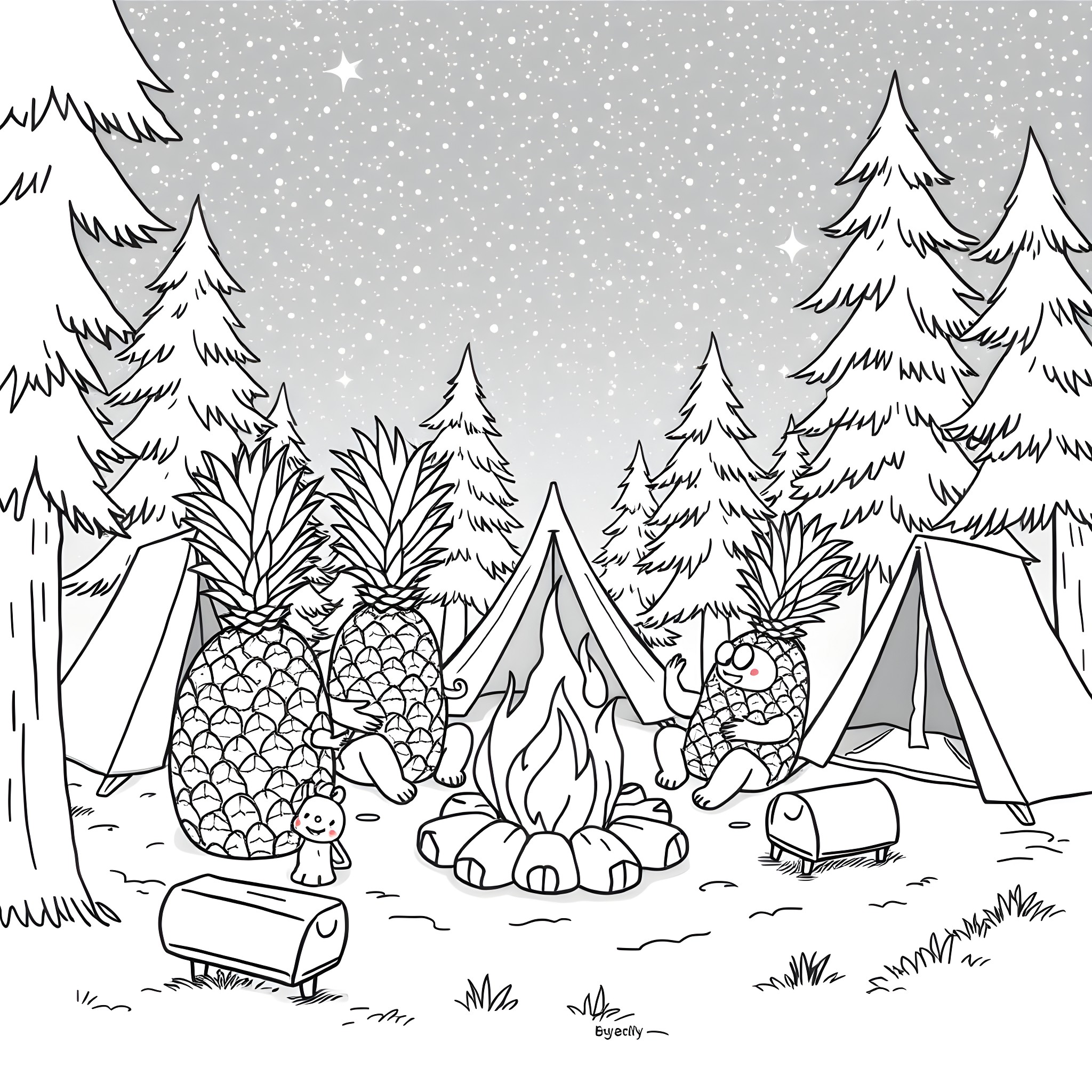Pineapple camping in the snowy winter forest Coloring Page (free black-and-white line drawing printable PDF for all, from beginners to advanced learners, including children, teens, adults, and seniors)