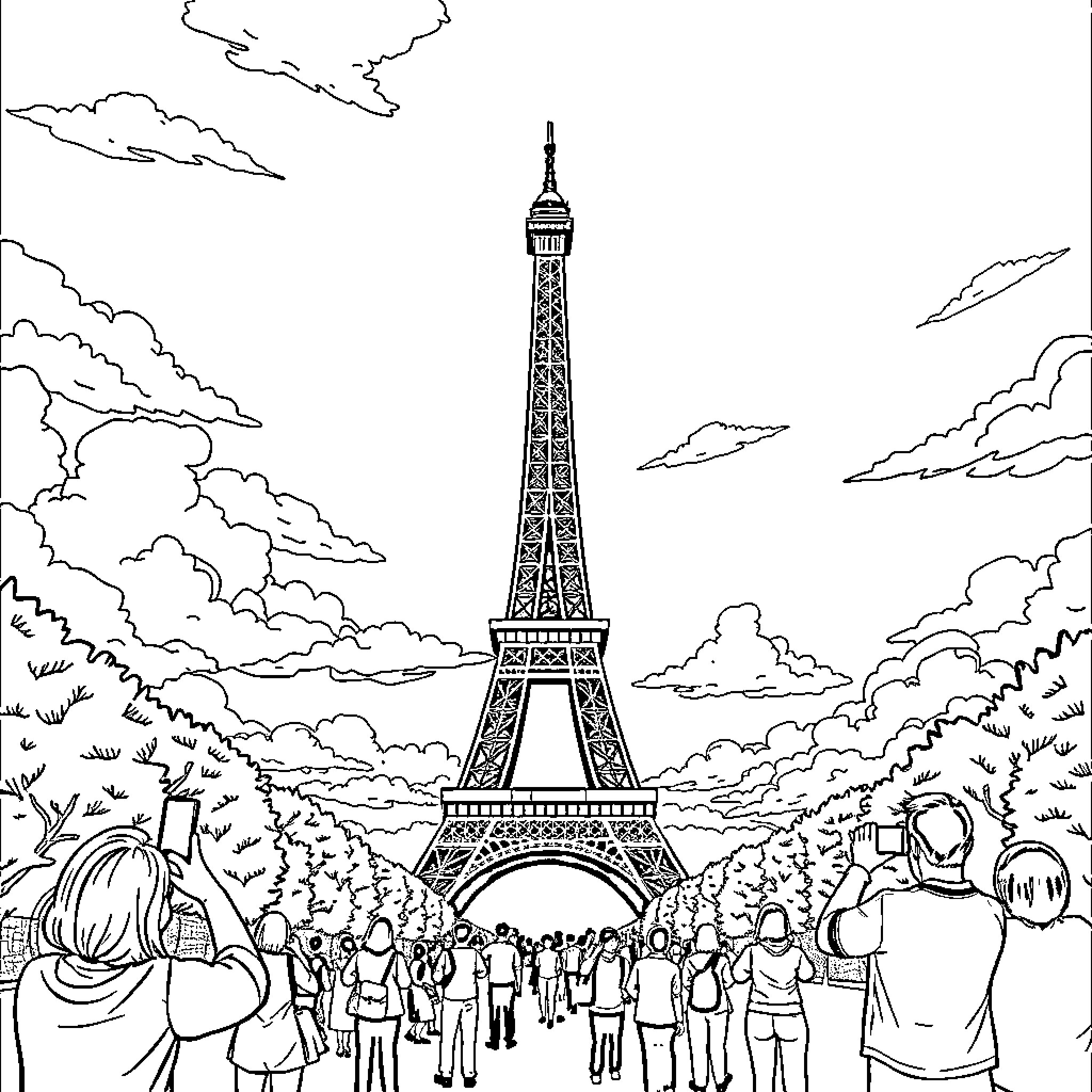 Eiffel Tower in the Midst of Bustling Crowds Coloring Page (free black-and-white line drawing printable PDF for all, from beginners to advanced learners, including children, teens, adults, and seniors)