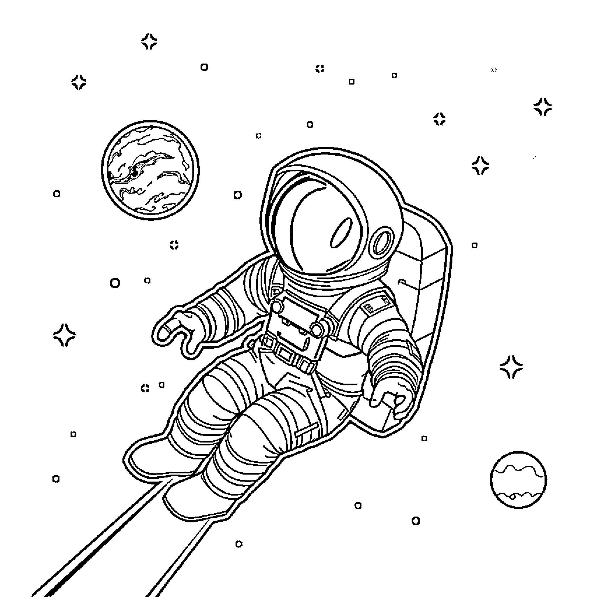 Planet Astronaut floating in space Coloring Page (free black-and-white line drawing printable PDF for all, from beginners to advanced learners, including children, teens, adults, and seniors)