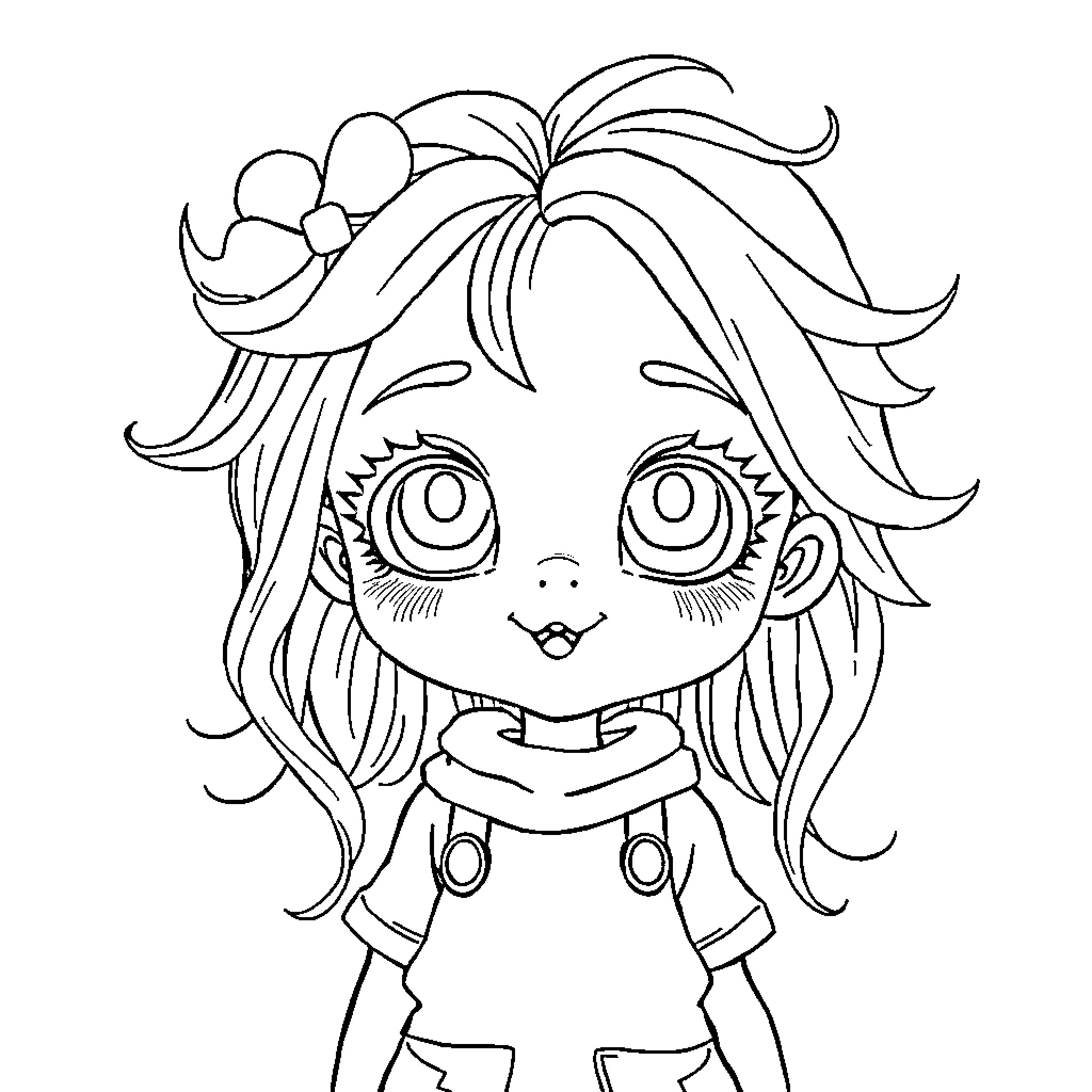 Girl with Whimsical Hair and Expressive Features Coloring Page (free black-and-white line drawing printable PDF for all, from beginners to advanced learners, including children, teens, adults, and seniors)