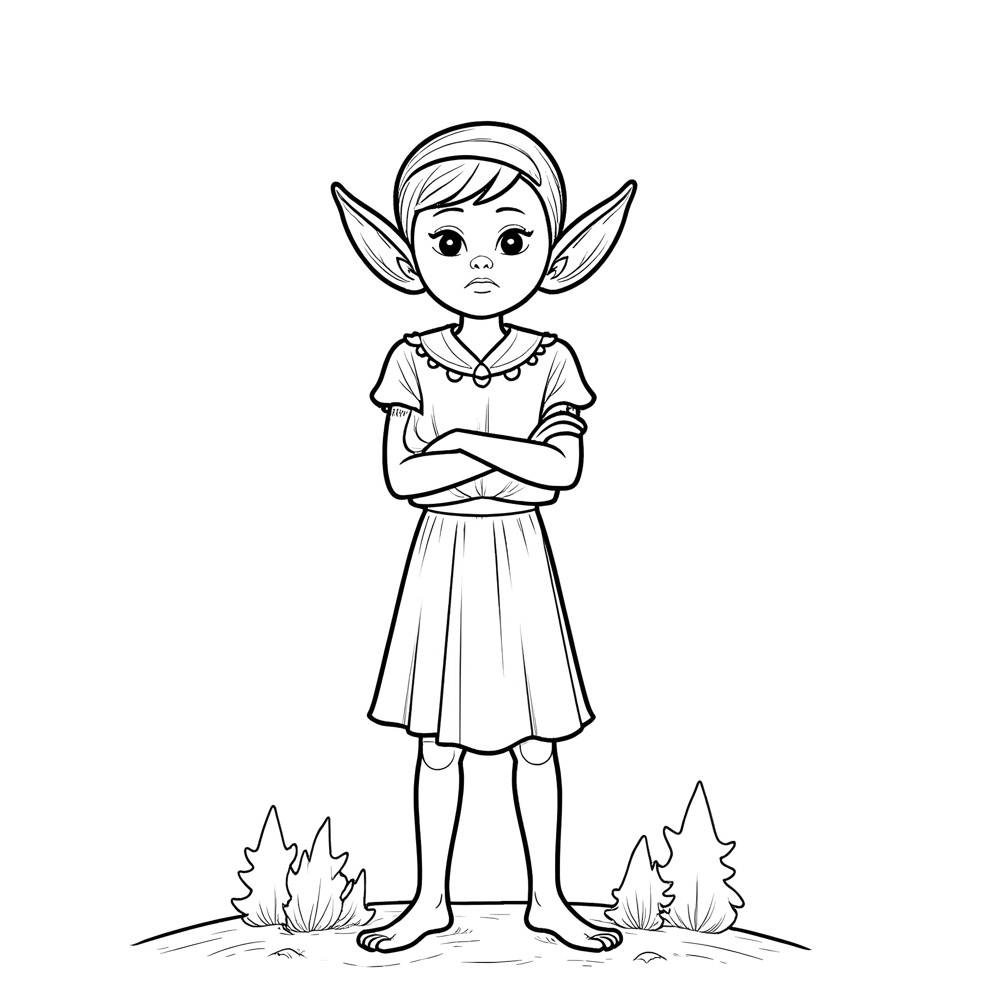 Elf girl with crossed arms in woodland setting Coloring Page (free black-and-white line drawing printable PDF for all, from beginners to advanced learners, including children, teens, adults, and seniors)