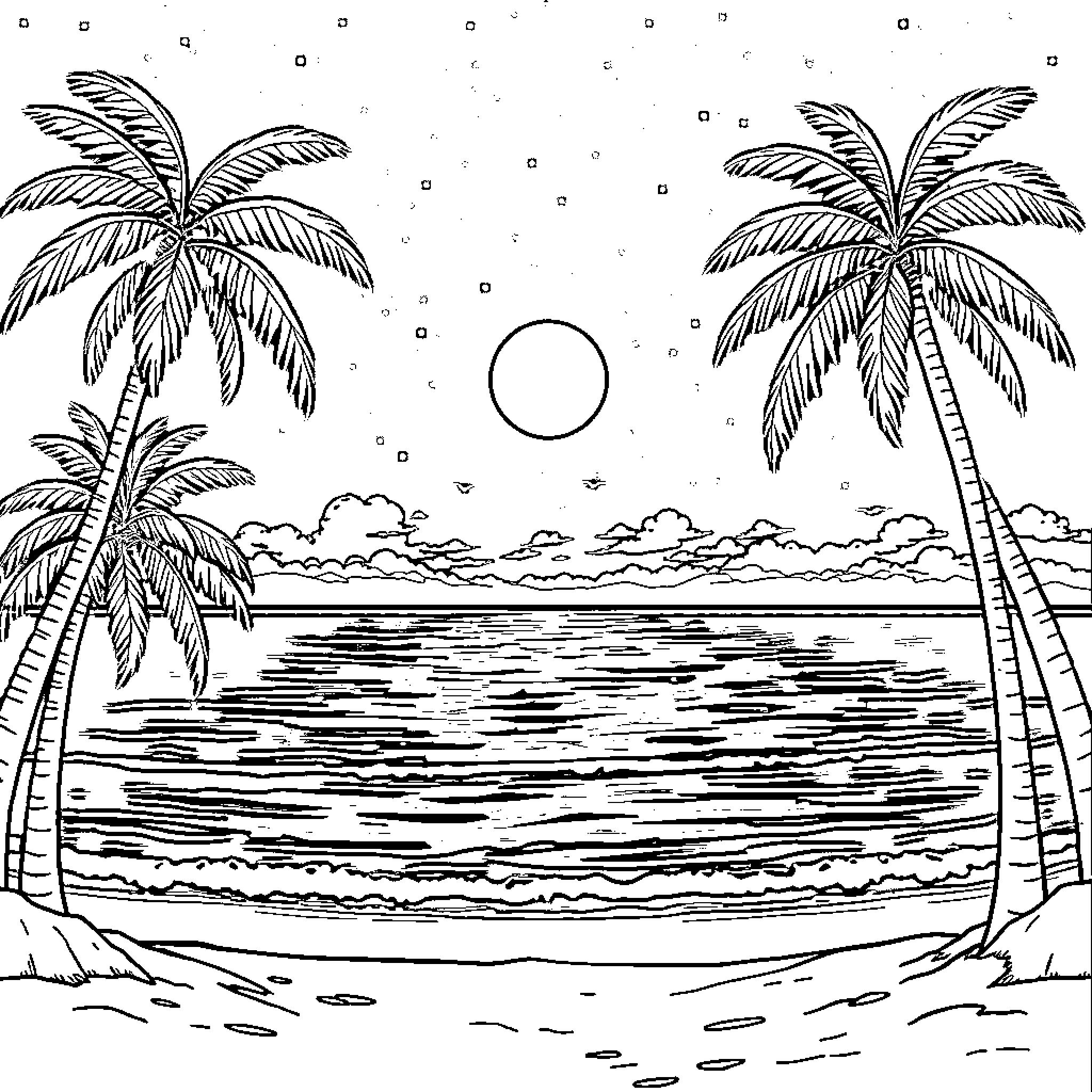 Beach sunset with palm trees and ocean waves Coloring Page (free black-and-white line drawing printable PDF for all, from beginners to advanced learners, including children, teens, adults, and seniors)