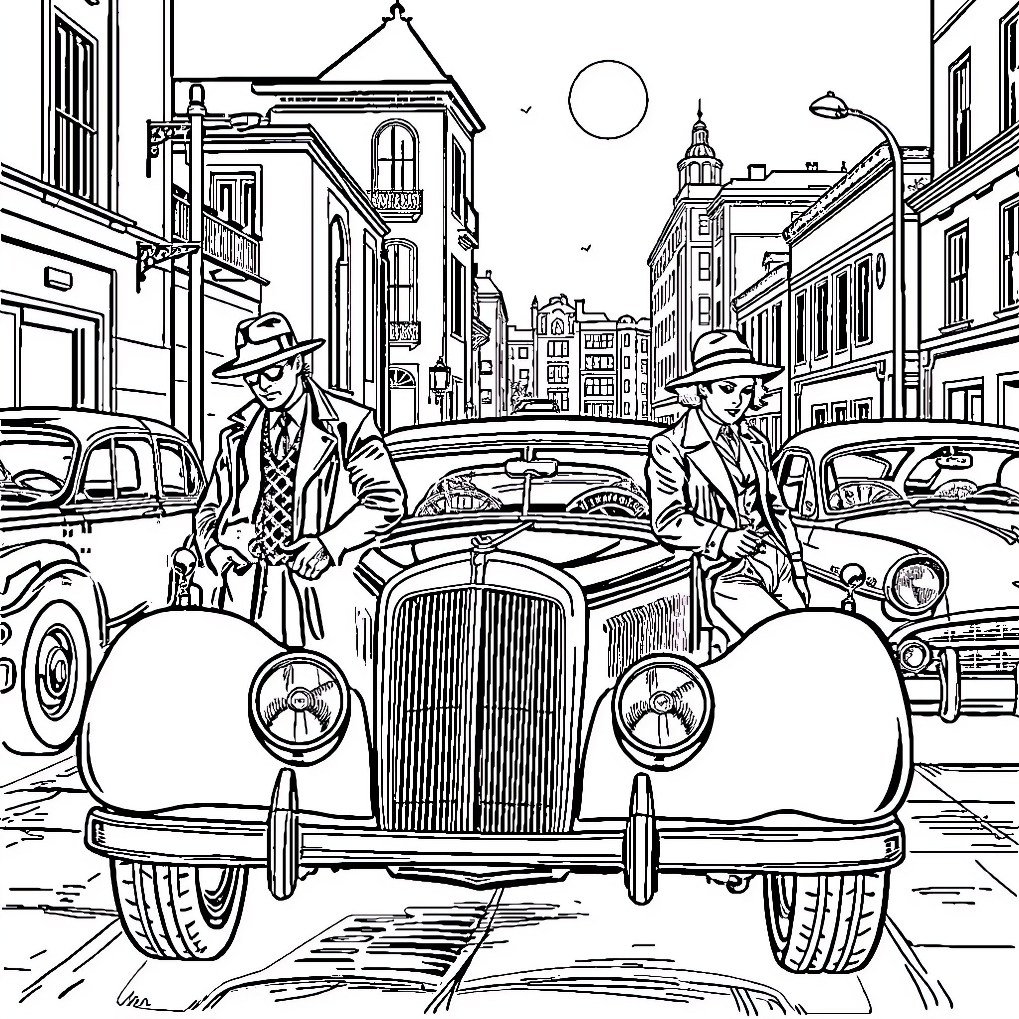 Gangster Crime Scene in Vintage City Coloring Page (free black-and-white line drawing printable PDF for all, from beginners to advanced learners, including children, teens, adults, and seniors)
