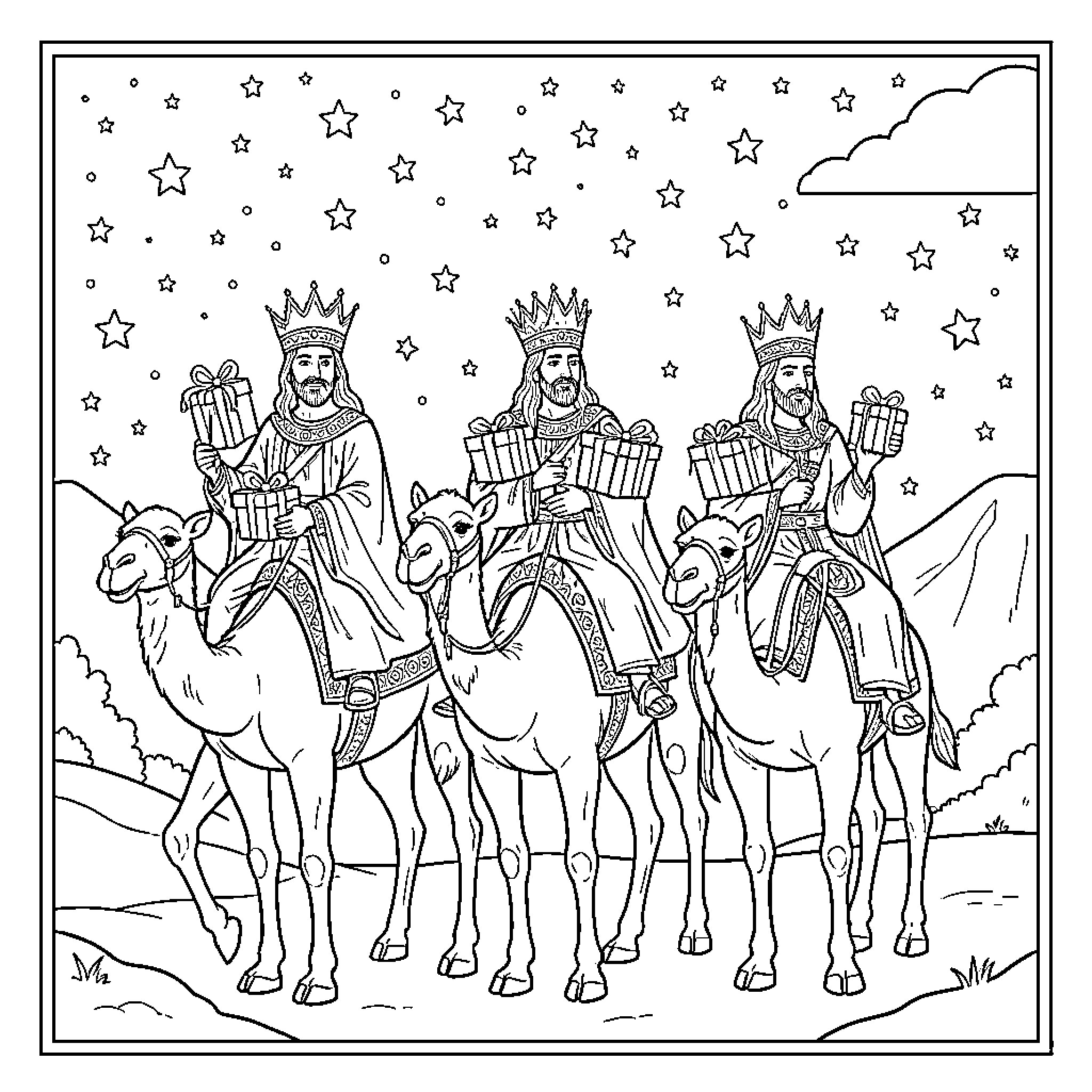 Three Kings riding camels and carrying gifts Coloring Page (free black-and-white line drawing printable PDF for all, from beginners to advanced learners, including children, teens, adults, and seniors)
