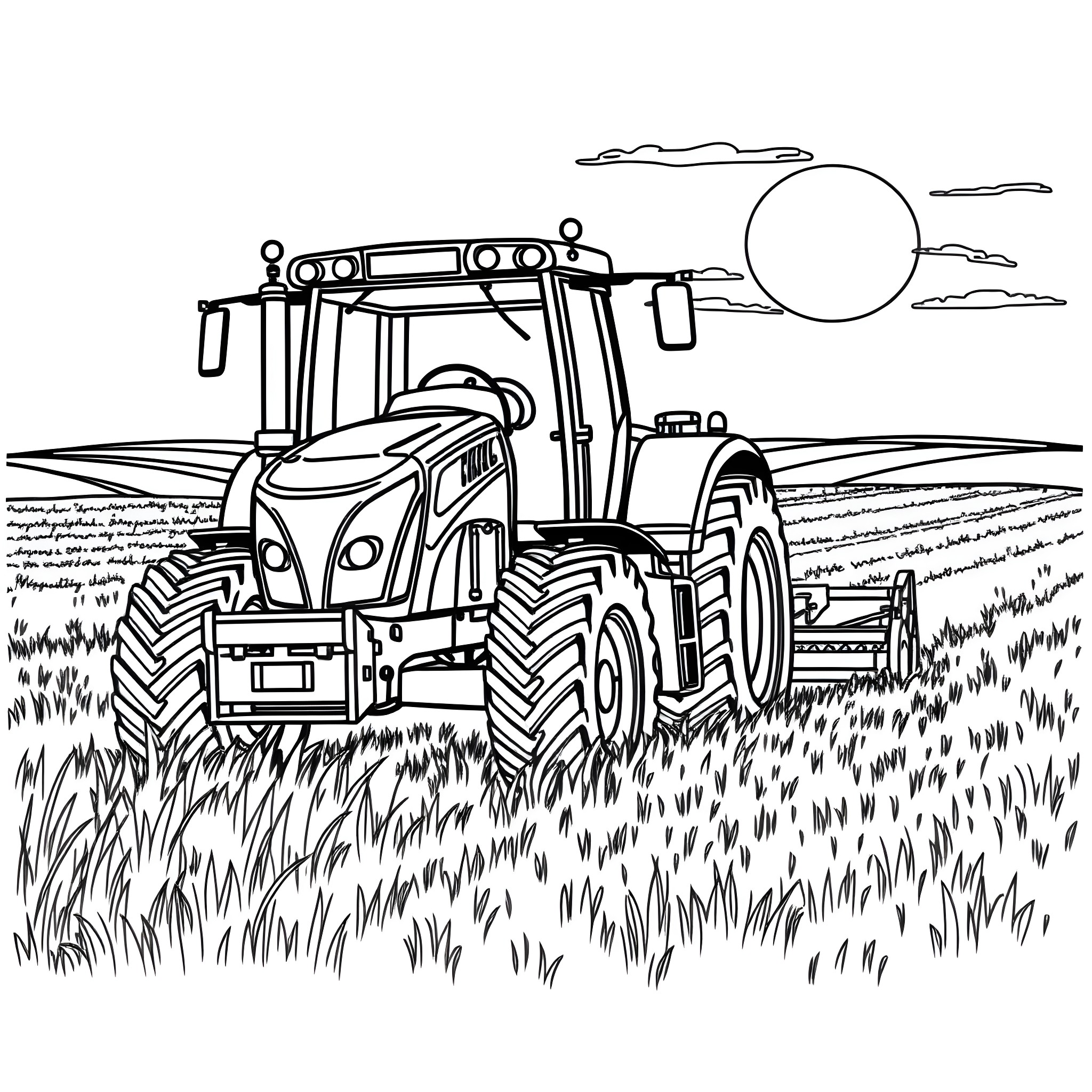 Tractor Plowing Through Field Coloring Page (free black-and-white line drawing printable PDF for all, from beginners to advanced learners, including children, teens, adults, and seniors)