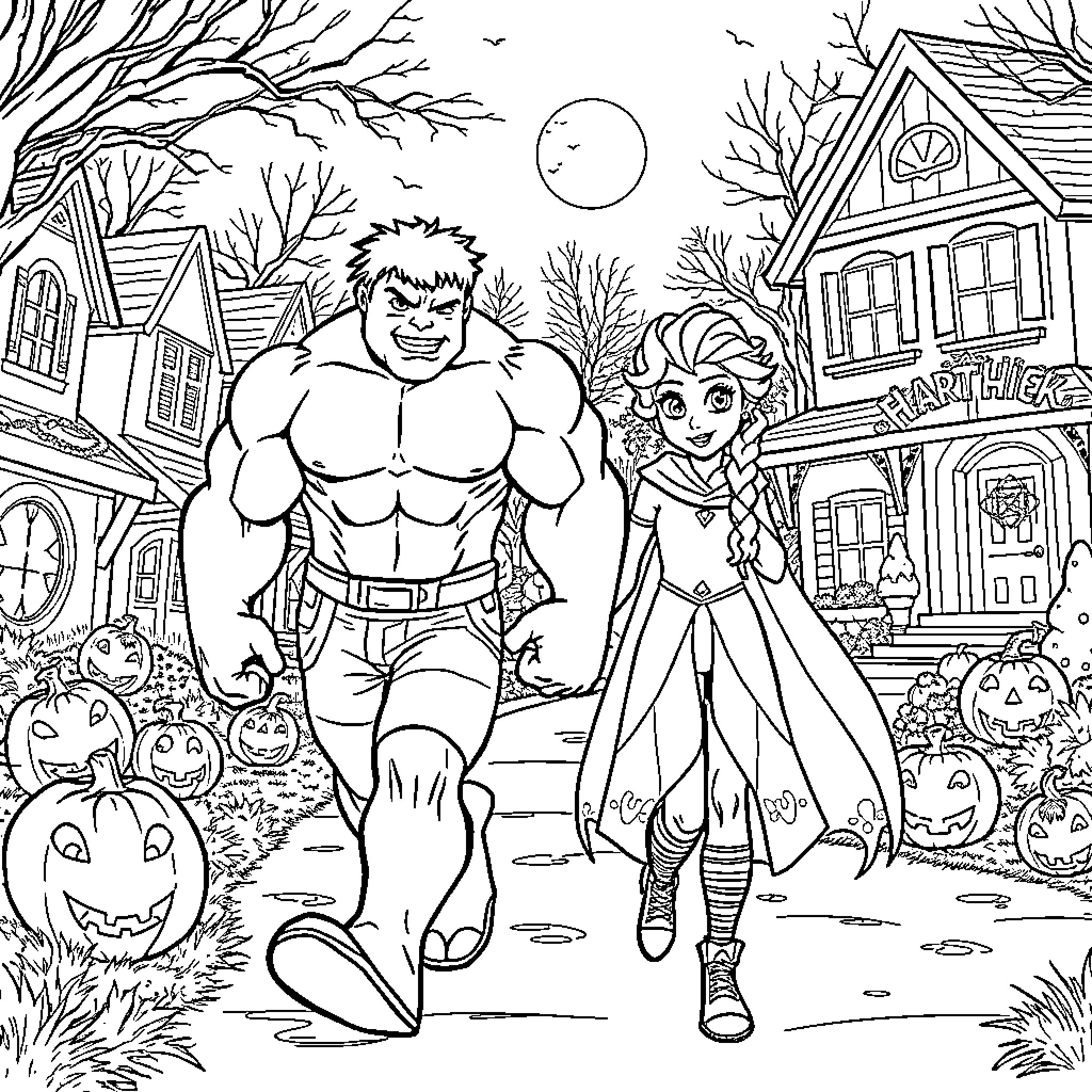 Hulk Trick-or-Treating with a Superhero Friend Coloring Page (free black-and-white line drawing printable PDF for all, from beginners to advanced learners, including children, teens, adults, and seniors)