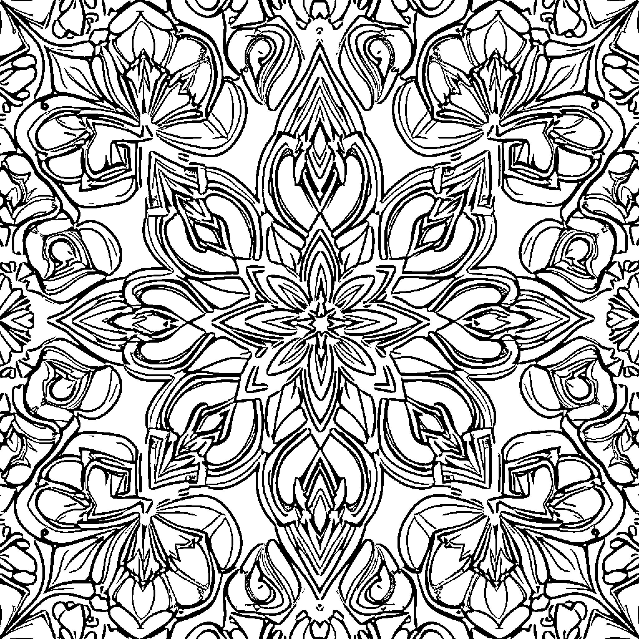 Tessellation of Intricate Floral Designs Coloring Page (free black-and-white line drawing printable PDF for all, from beginners to advanced learners, including children, teens, adults, and seniors)