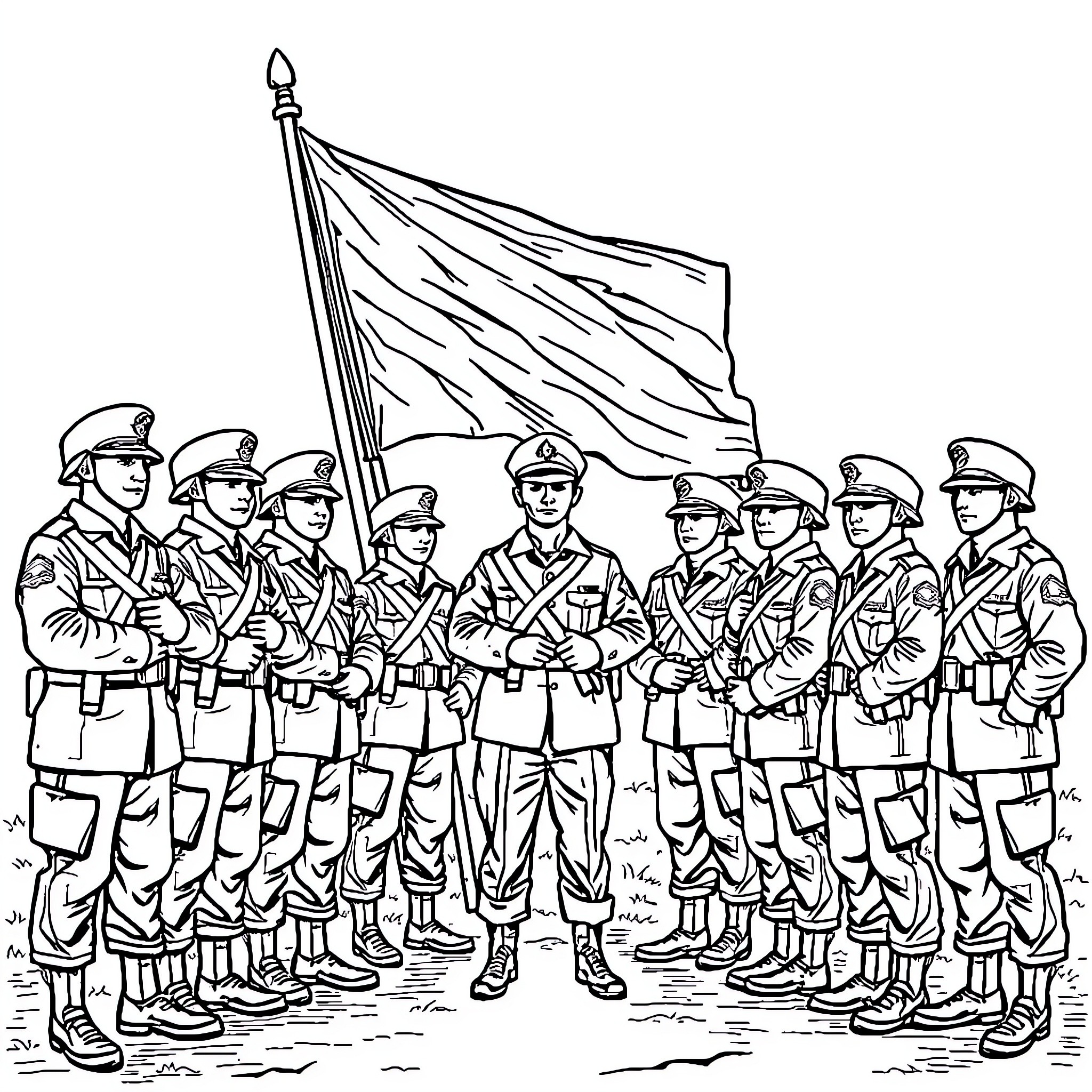Military soldiers standing at attention with a waving flag Coloring Page (free black-and-white line drawing printable PDF for all, from beginners to advanced learners, including children, teens, adults, and seniors)