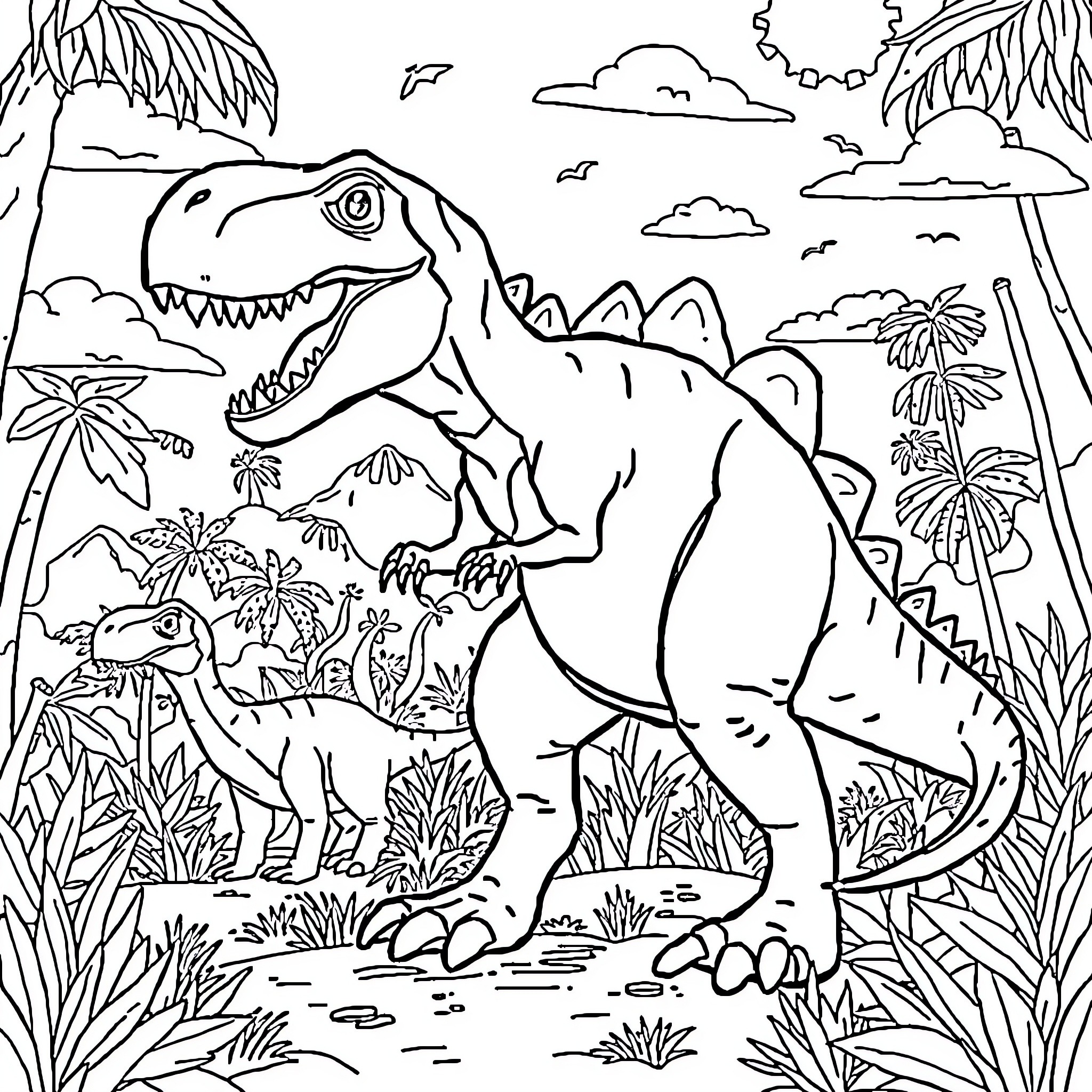 Dinosaurs exploring lush prehistoric landscape Coloring Page (free black-and-white line drawing printable PDF for all, from beginners to advanced learners, including children, teens, adults, and seniors)