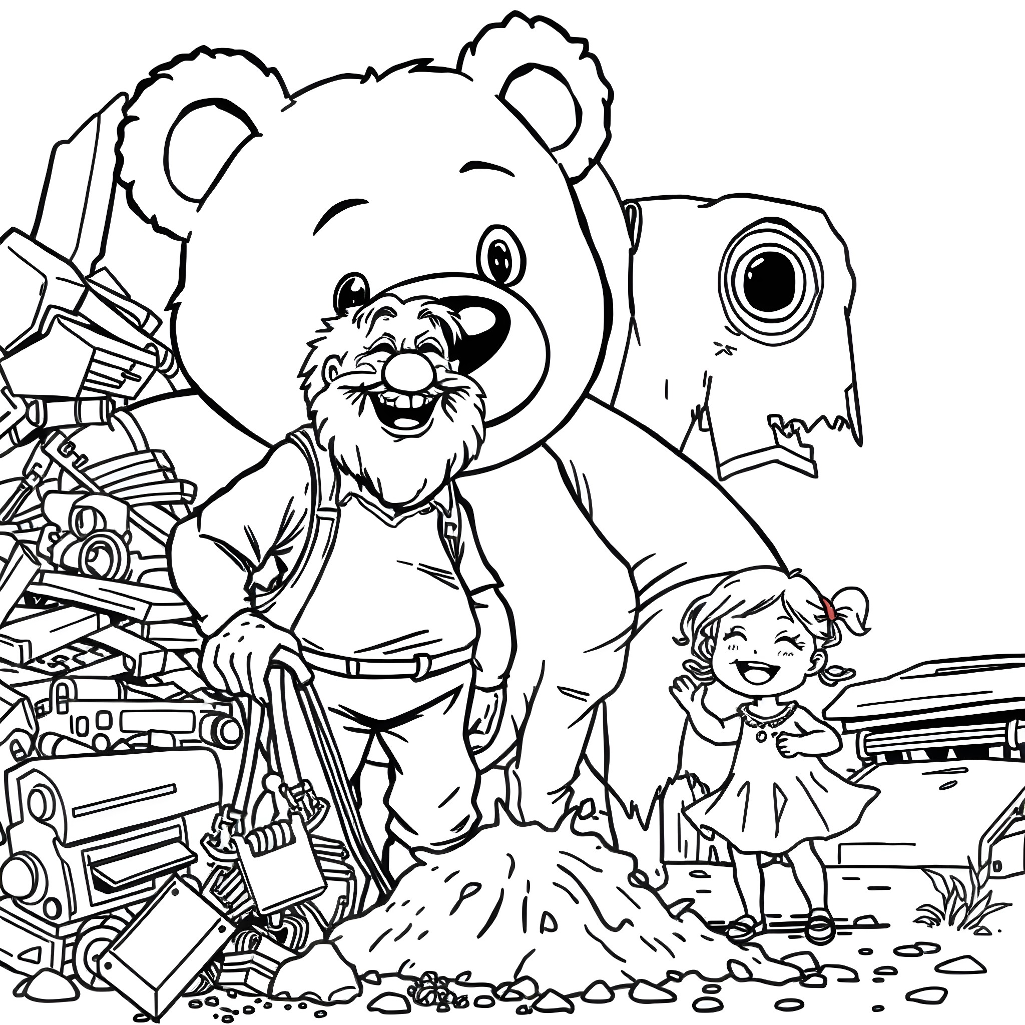 Old Man and Child Exploring Mechanical Toys Coloring Page (free black-and-white line drawing printable PDF for all, from beginners to advanced learners, including children, teens, adults, and seniors)