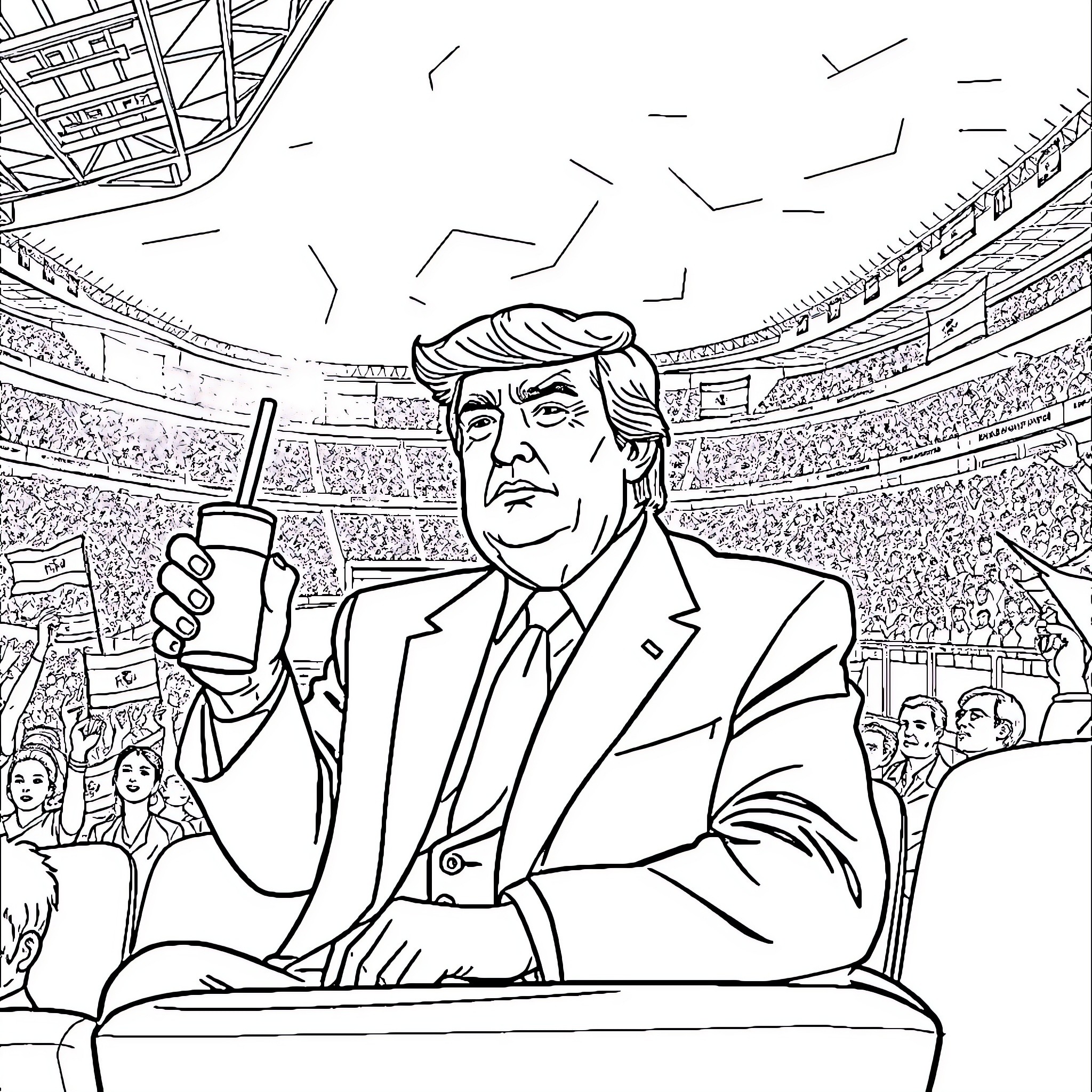 Trump Speaking to Supporters at Rally Coloring Page (free black-and-white line drawing printable PDF for all, from beginners to advanced learners, including children, teens, adults, and seniors)