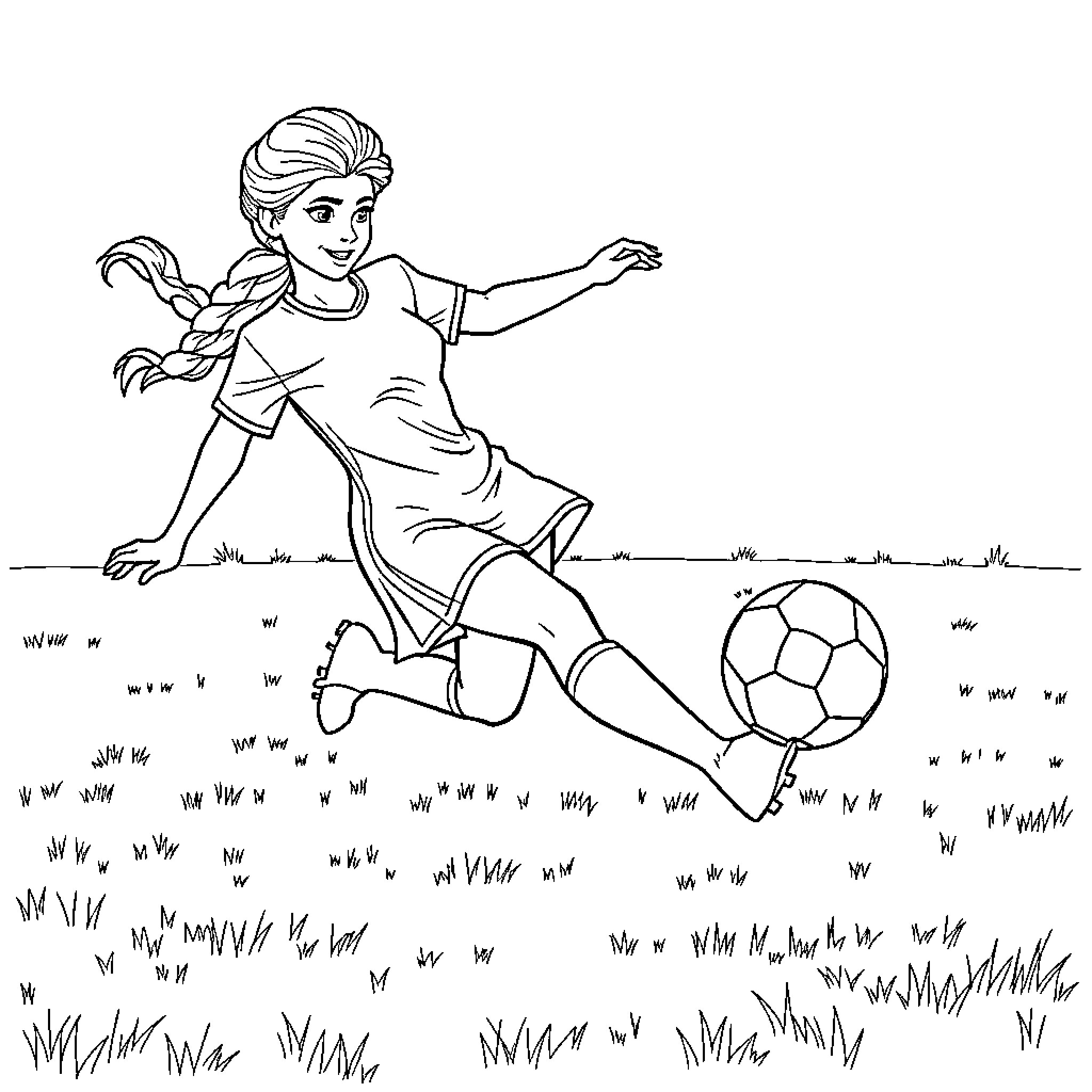 Elsa playing soccer on a grassy field Coloring Page (free black-and-white line drawing printable PDF for all, from beginners to advanced learners, including children, teens, adults, and seniors)