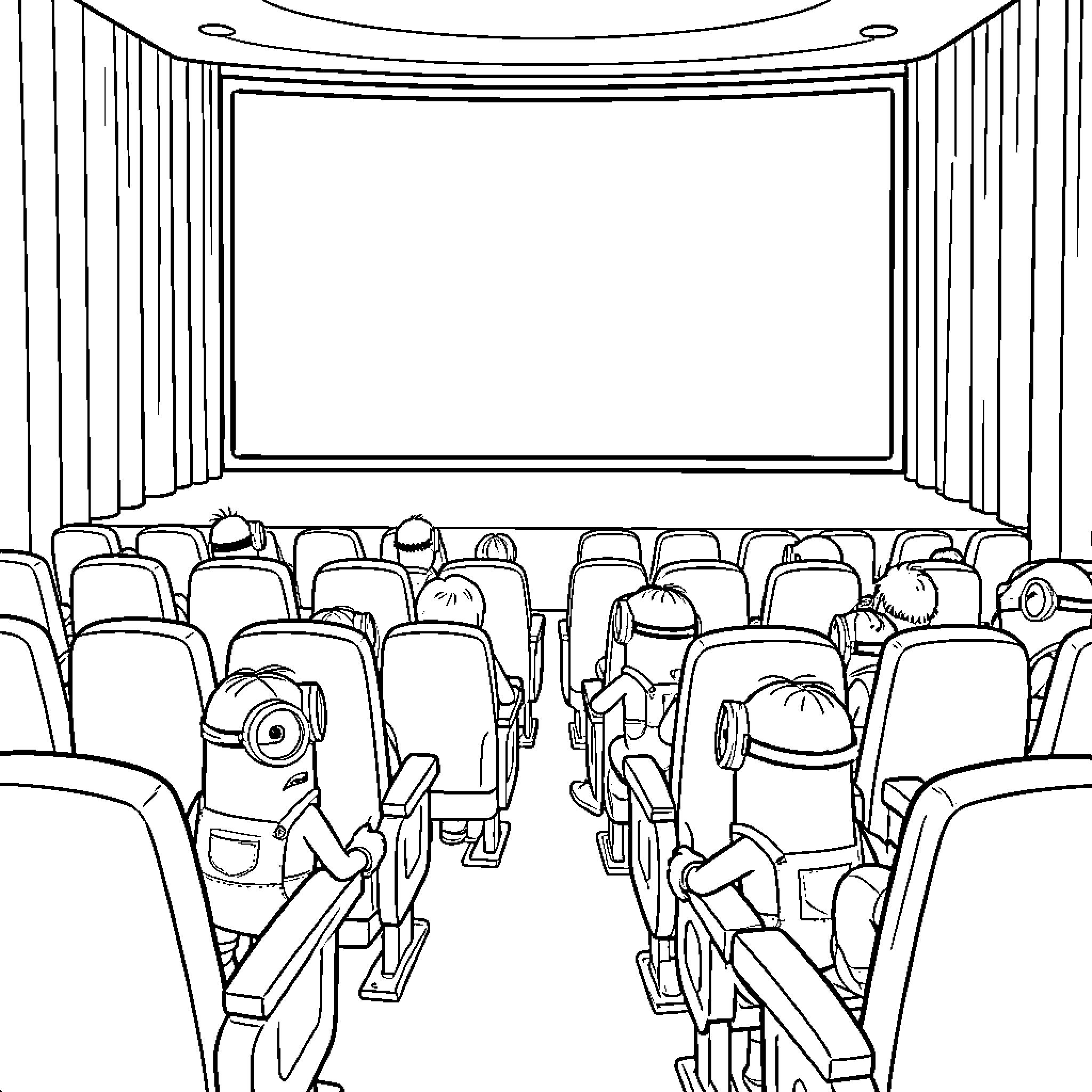 Minions watching a movie in a cinema theater Coloring Page (free black-and-white line drawing printable PDF for all, from beginners to advanced learners, including children, teens, adults, and seniors)