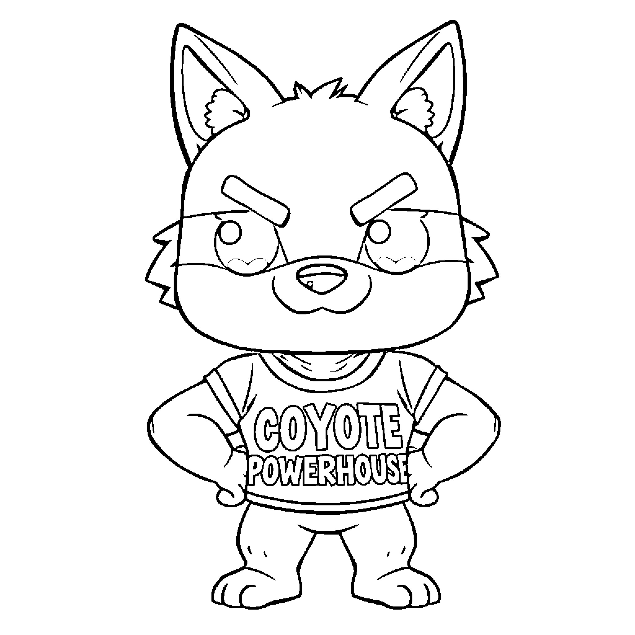 Coyote character wearing 'Powerhouse' shirt Coloring Page (free black-and-white line drawing printable PDF for all, from beginners to advanced learners, including children, teens, adults, and seniors)