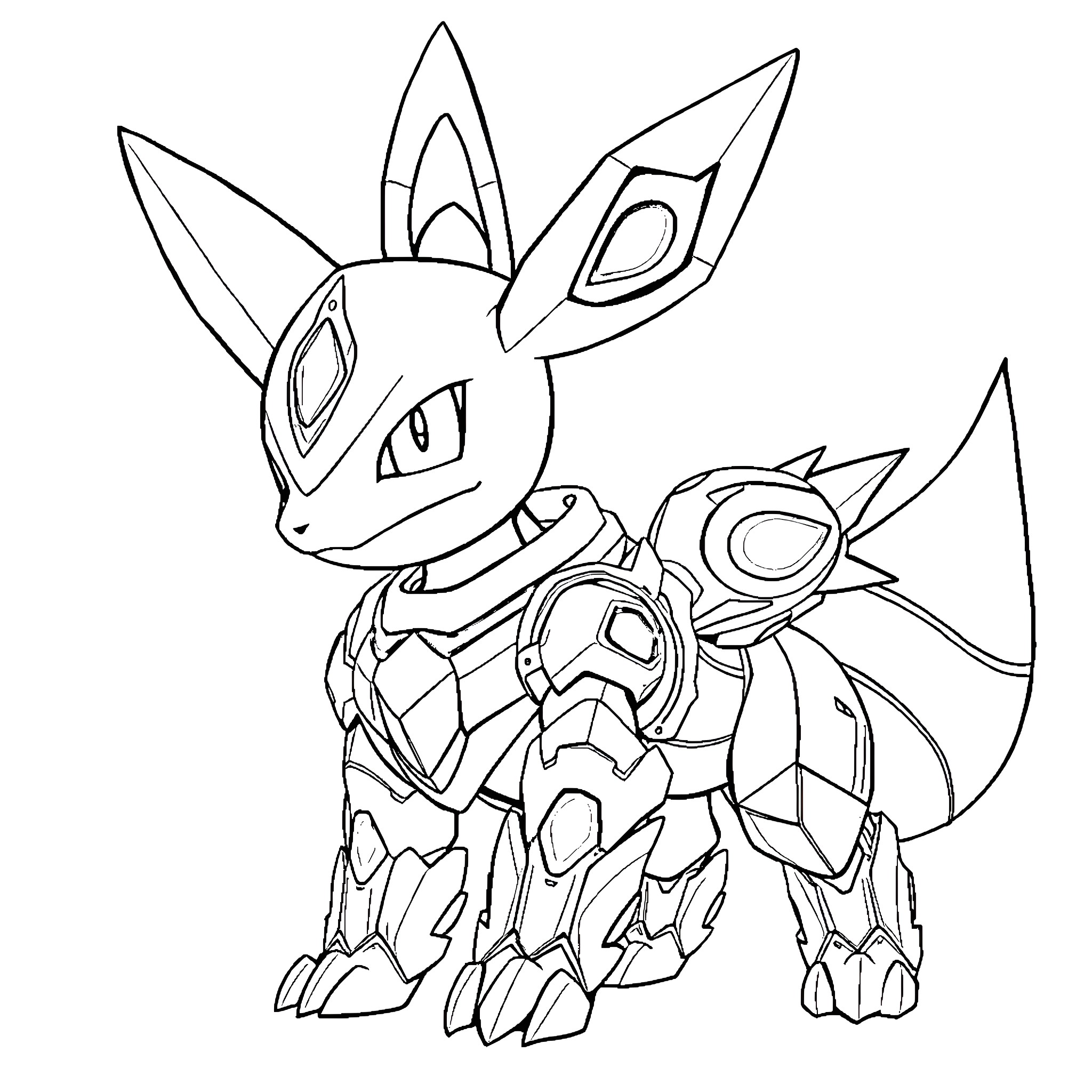Lucario in fierce battle stance Coloring Page (free black-and-white line drawing printable PDF for all, from beginners to advanced learners, including children, teens, adults, and seniors)