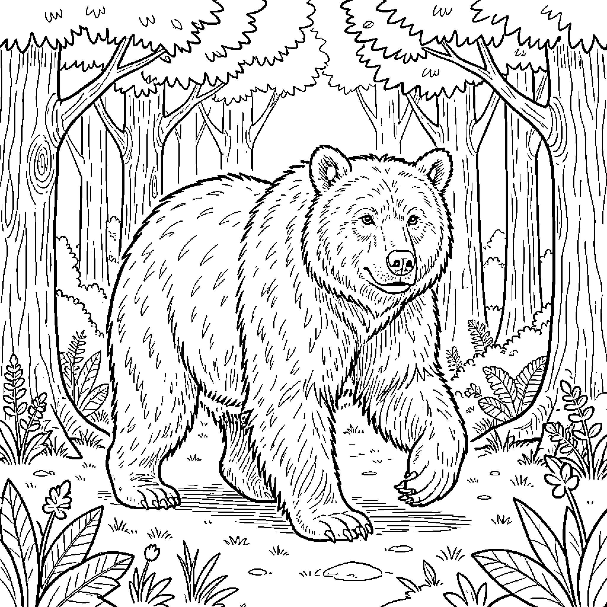 Oso the Bear Exploring the Lush Forest Coloring Page (free black-and-white line drawing printable PDF for all, from beginners to advanced learners, including children, teens, adults, and seniors)