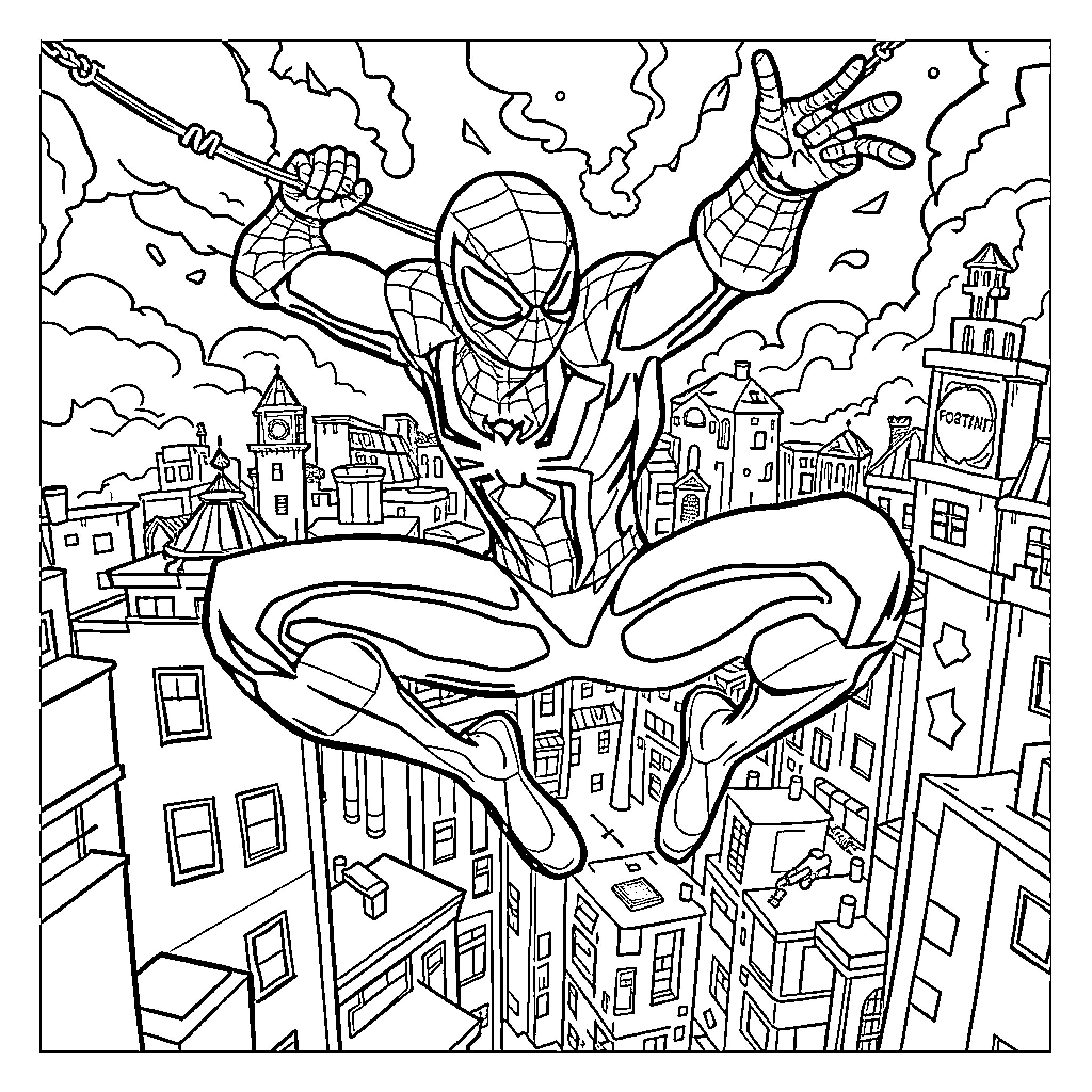 Spider-Man Swinging Through the Cityscape Coloring Page (free black-and-white line drawing printable PDF for all, from beginners to advanced learners, including children, teens, adults, and seniors)