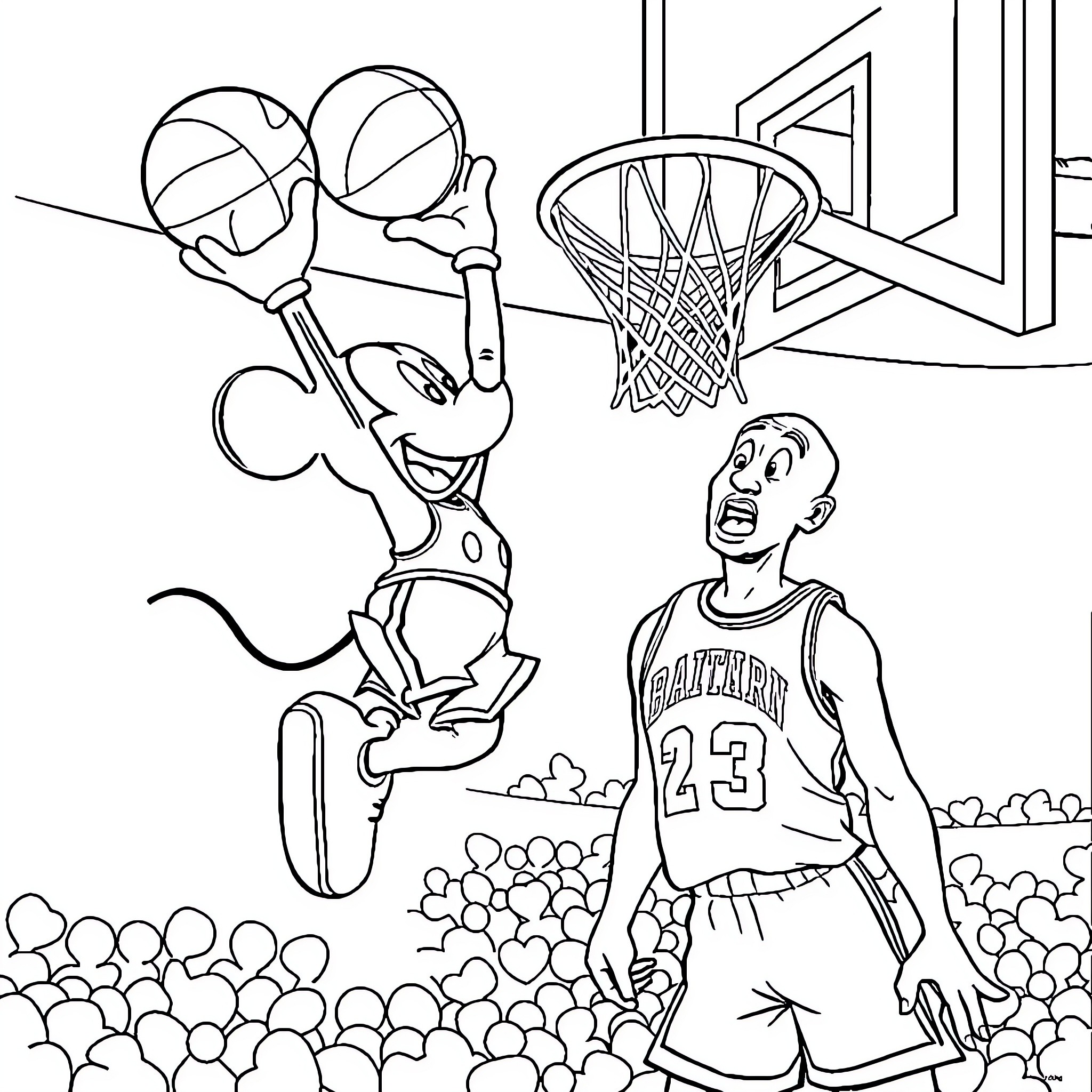 Mickey Mouse playing basketball with a player Coloring Page (free black-and-white line drawing printable PDF for all, from beginners to advanced learners, including children, teens, adults, and seniors)