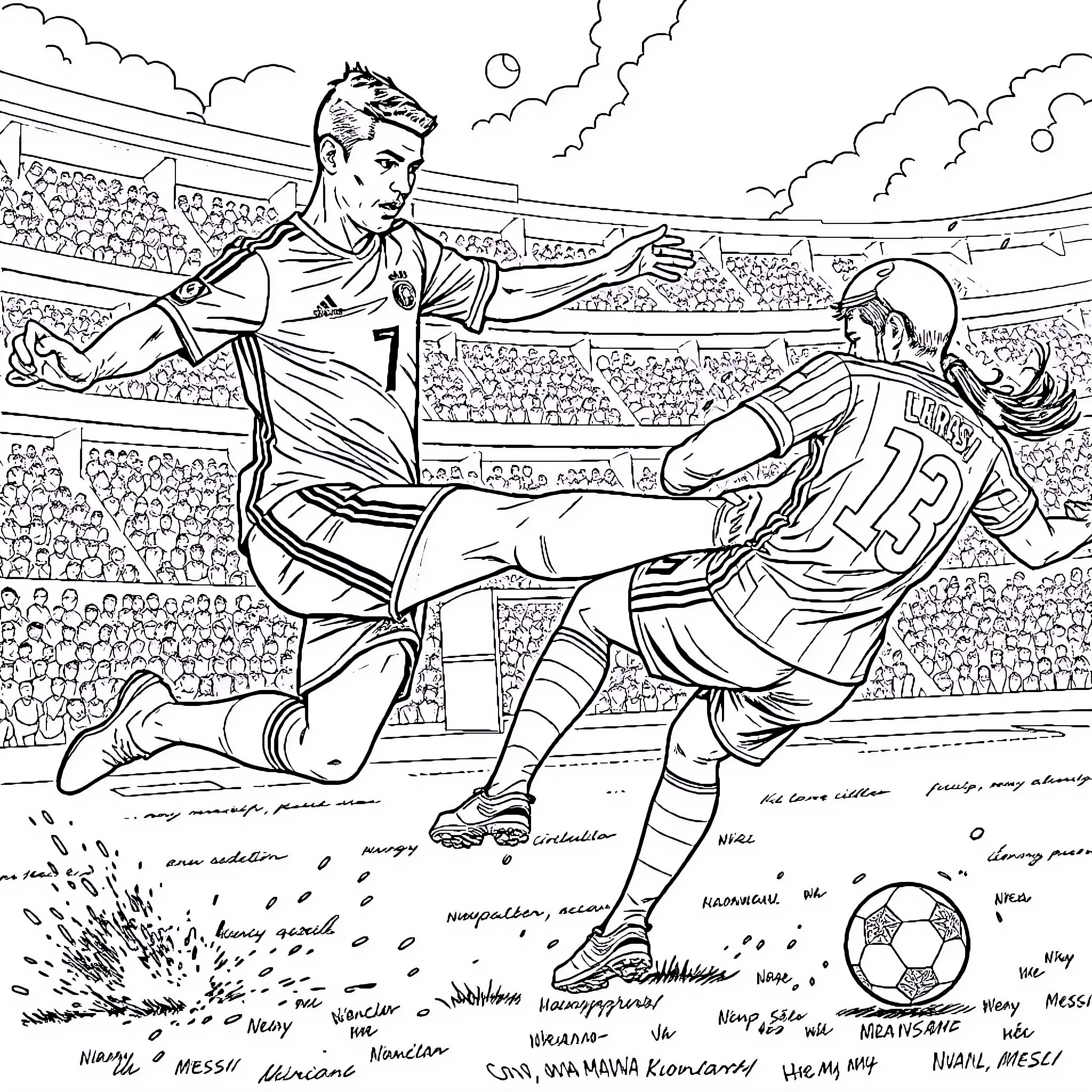 Cr7 Players Engaged in Intense Soccer Match Coloring Page (free black-and-white line drawing printable PDF for all, from beginners to advanced learners, including children, teens, adults, and seniors)