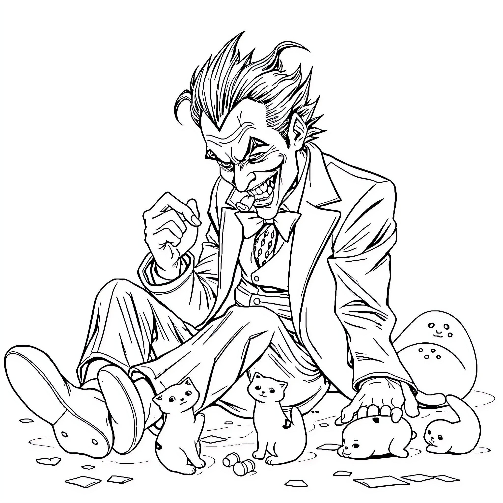 Joker's Mischievous Antics with Feline Companions Coloring Page (free black-and-white line drawing printable PDF for all, from beginners to advanced learners, including children, teens, adults, and seniors)