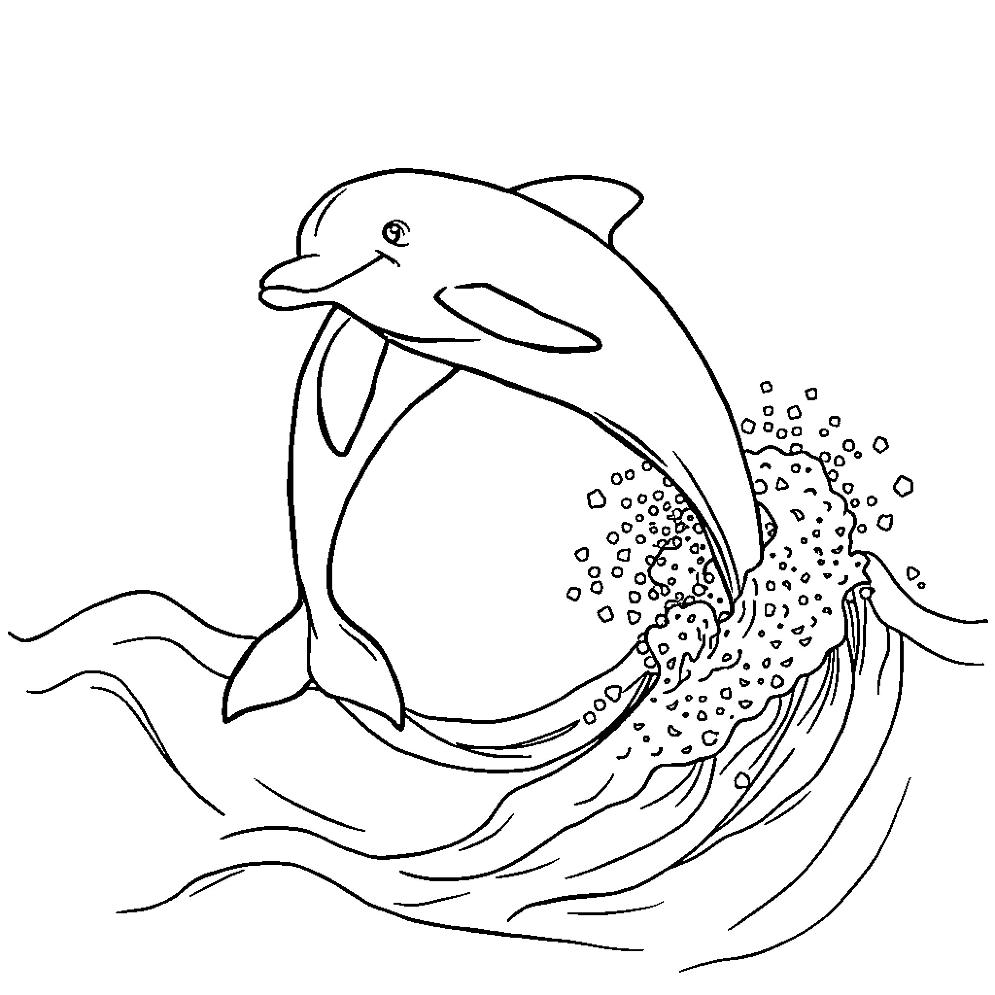 Dolphin swimming playfully in the waves Coloring Page (free black-and-white line drawing printable PDF for all, from beginners to advanced learners, including children, teens, adults, and seniors)