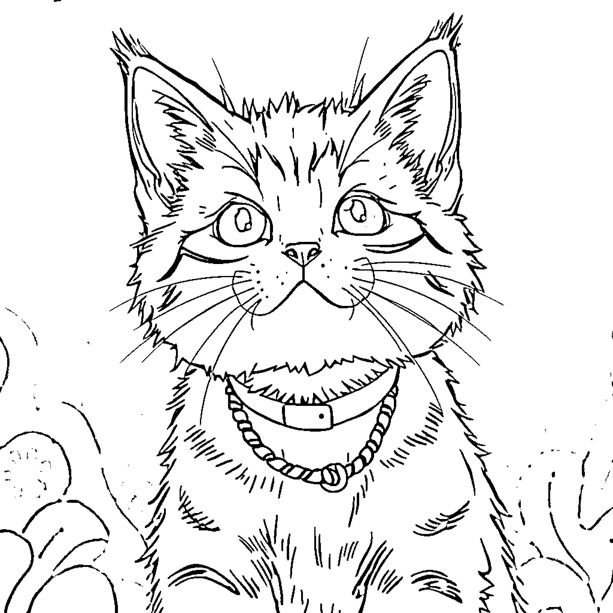 Cat with Expressive Face and Collar Coloring Page (free black-and-white line drawing printable PDF for all, from beginners to advanced learners, including children, teens, adults, and seniors)
