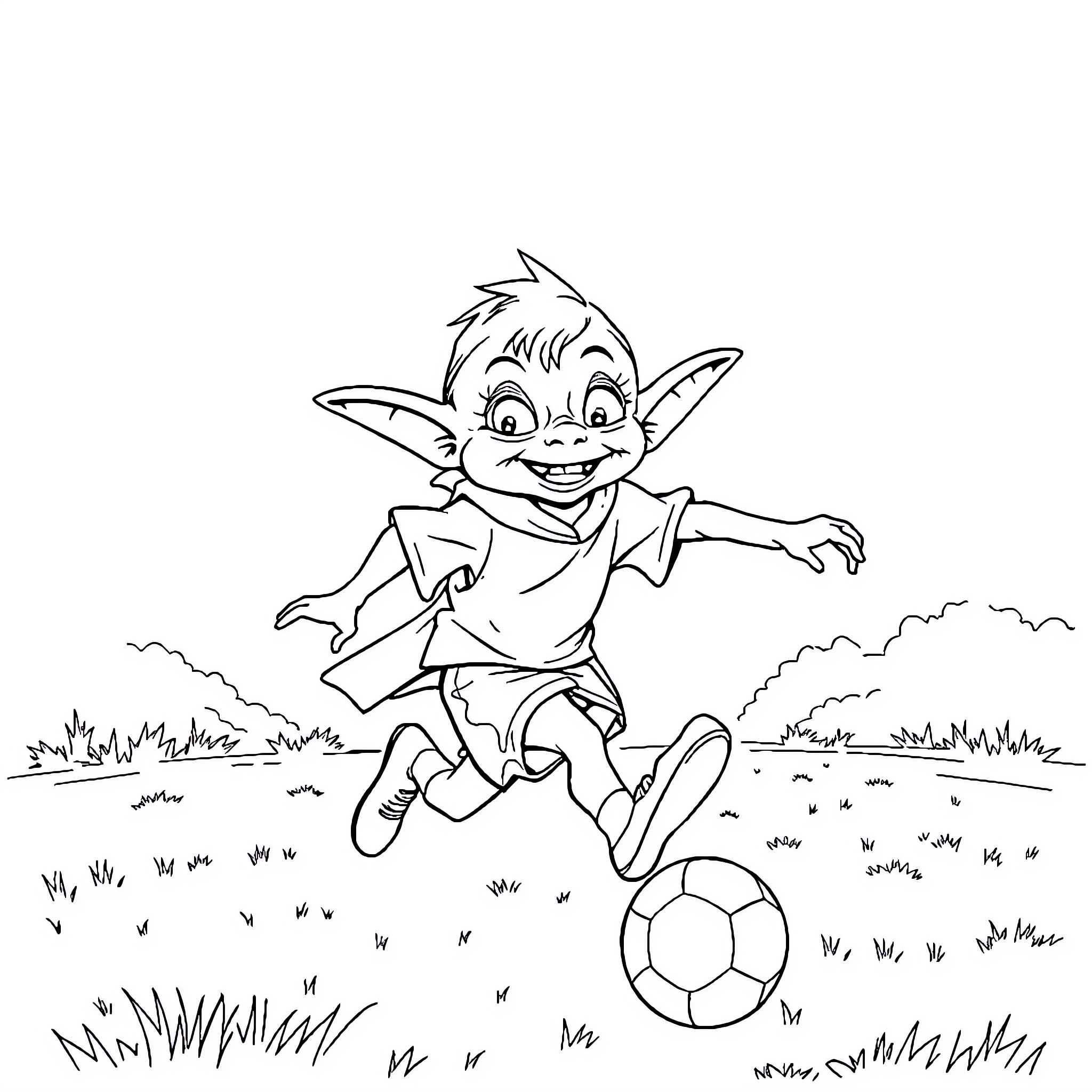 Smeagol playing happily with a soccer ball in the field Coloring Page (free black-and-white line drawing printable PDF for all, from beginners to advanced learners, including children, teens, adults, and seniors)
