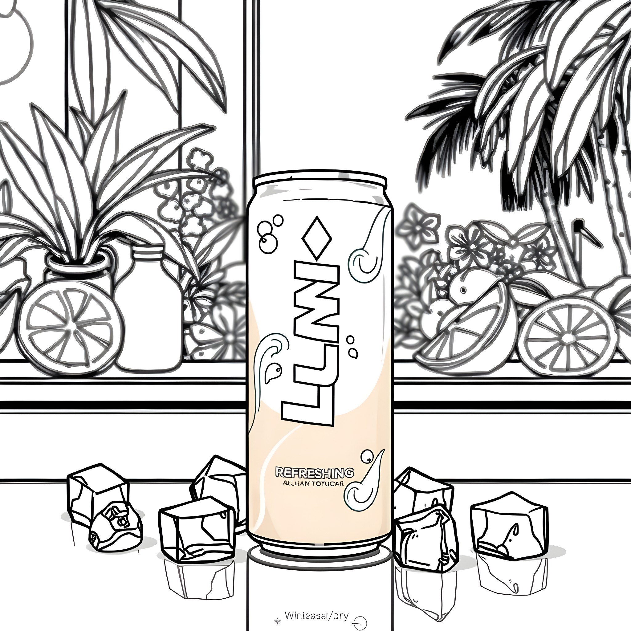 Energy Drink with Tropical Scenery Coloring Page (free black-and-white line drawing printable PDF for all, from beginners to advanced learners, including children, teens, adults, and seniors)