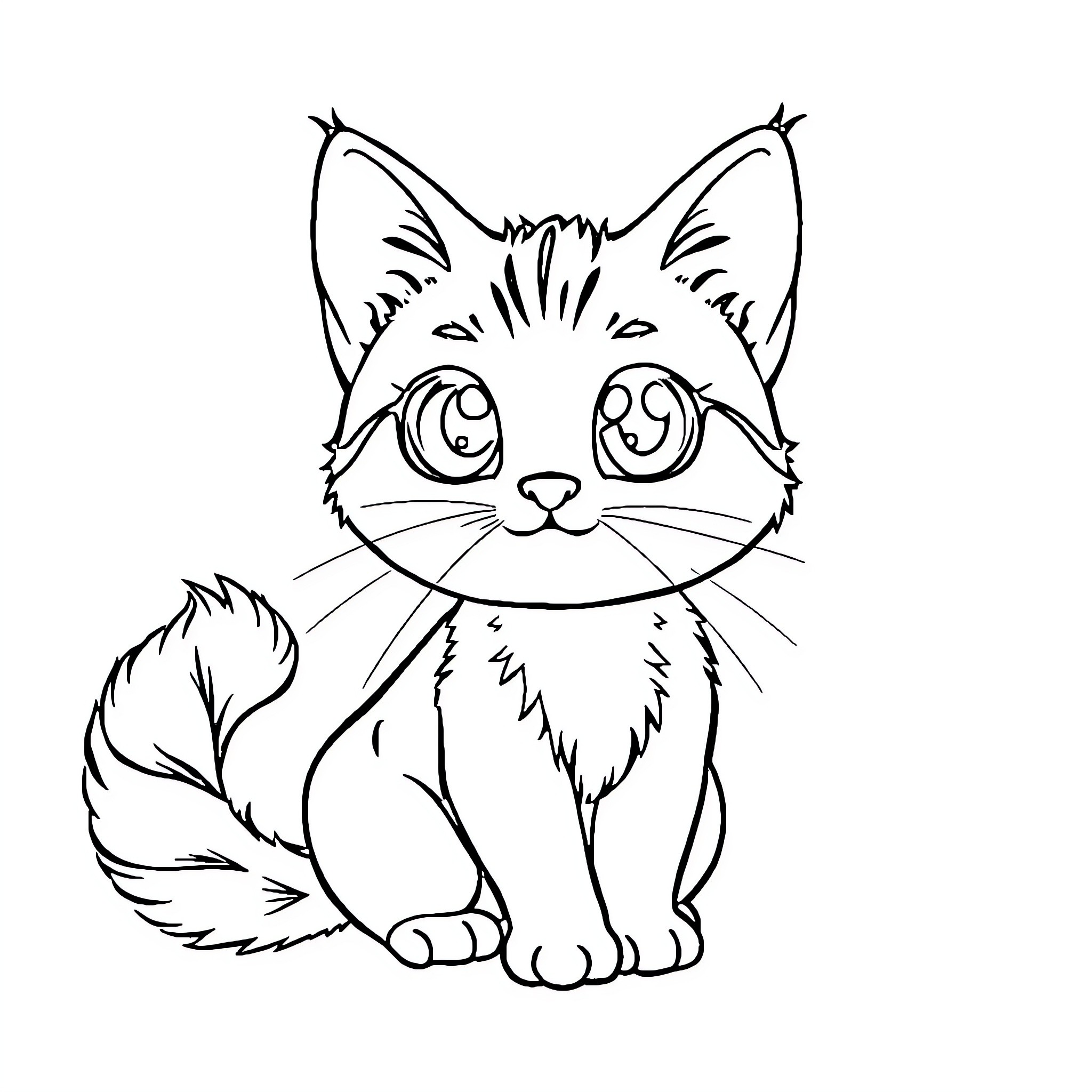 Cat with big eyes and fluffy fur Coloring Page (free black-and-white line drawing printable PDF for all, from beginners to advanced learners, including children, teens, adults, and seniors)