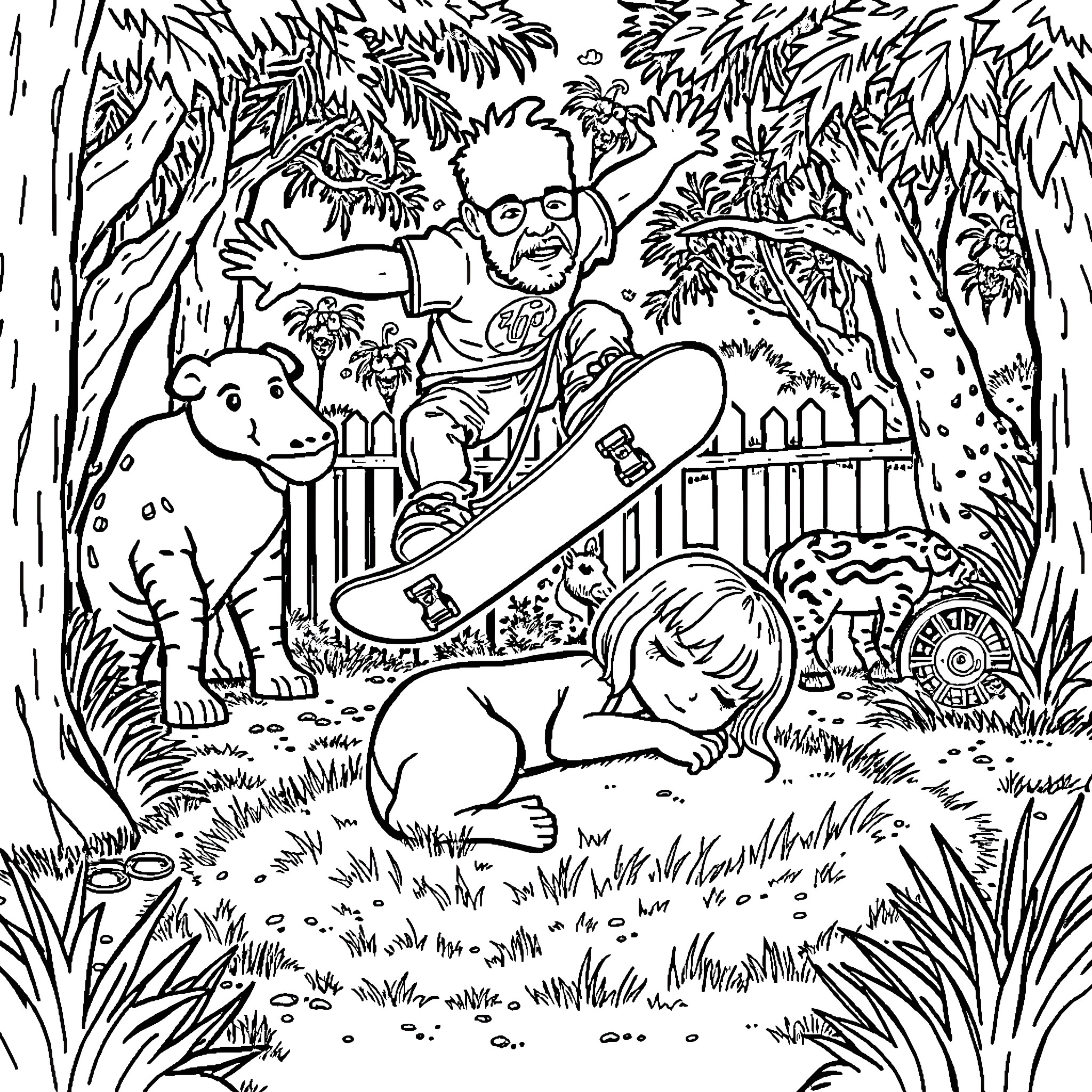 Fred Durst's Unexpected Adventure in the Vibrant Jungle Coloring Page (free black-and-white line drawing printable PDF for all, from beginners to advanced learners, including children, teens, adults, and seniors)