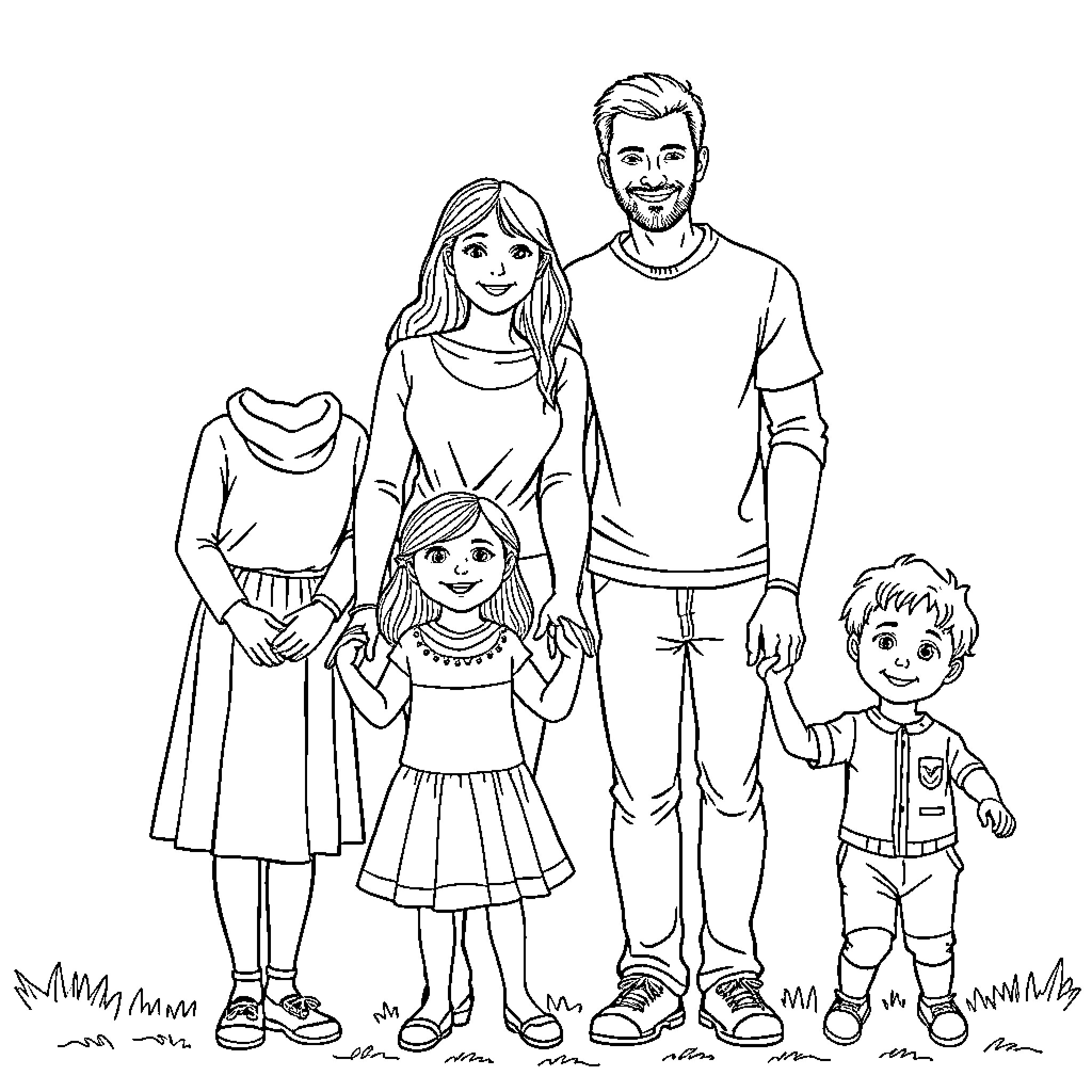 Family enjoying a day together outdoors Coloring Page (free black-and-white line drawing printable PDF for all, from beginners to advanced learners, including children, teens, adults, and seniors)