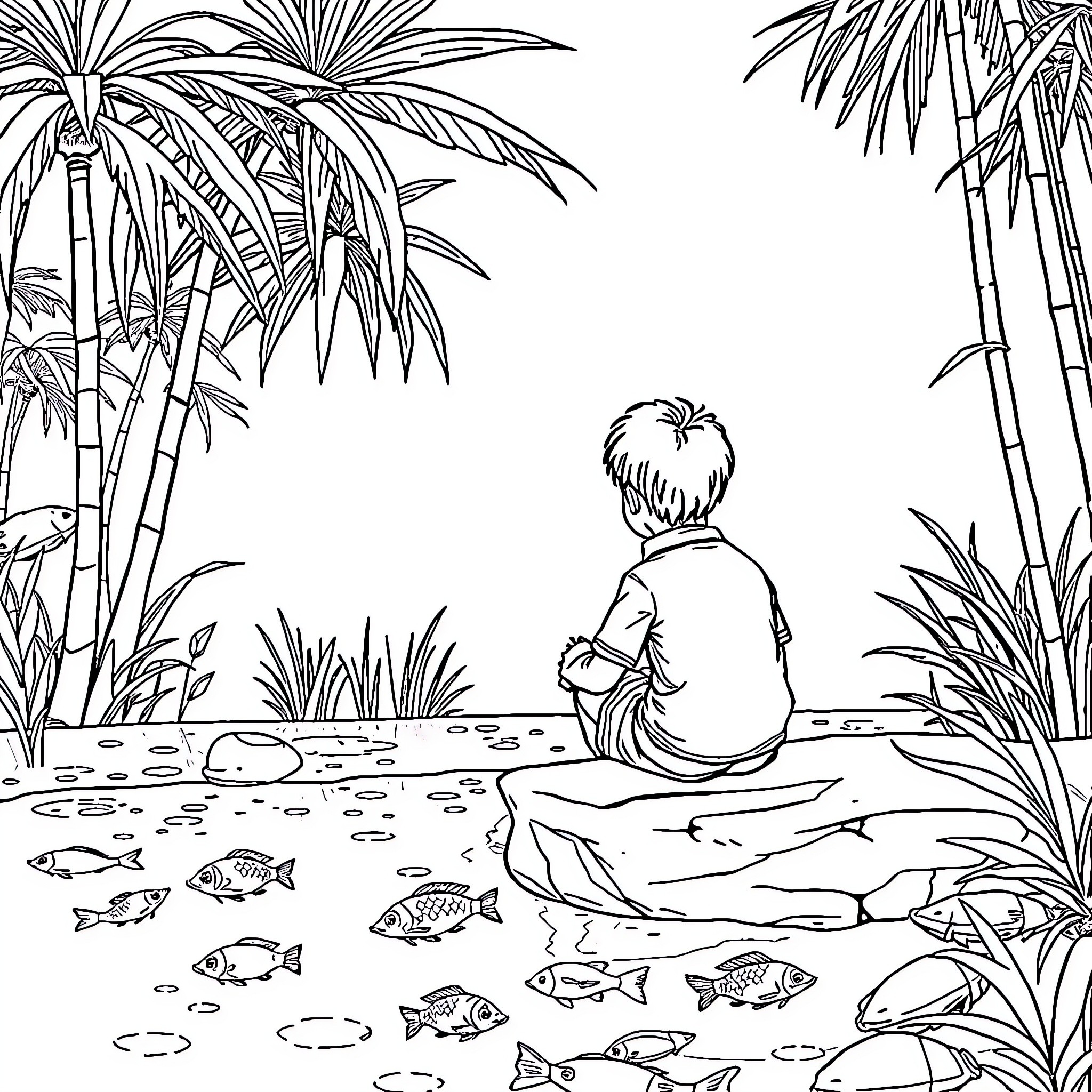 Boy exploring nature's wonders in a serene landscape Coloring Page (free black-and-white line drawing printable PDF for all, from beginners to advanced learners, including children, teens, adults, and seniors)