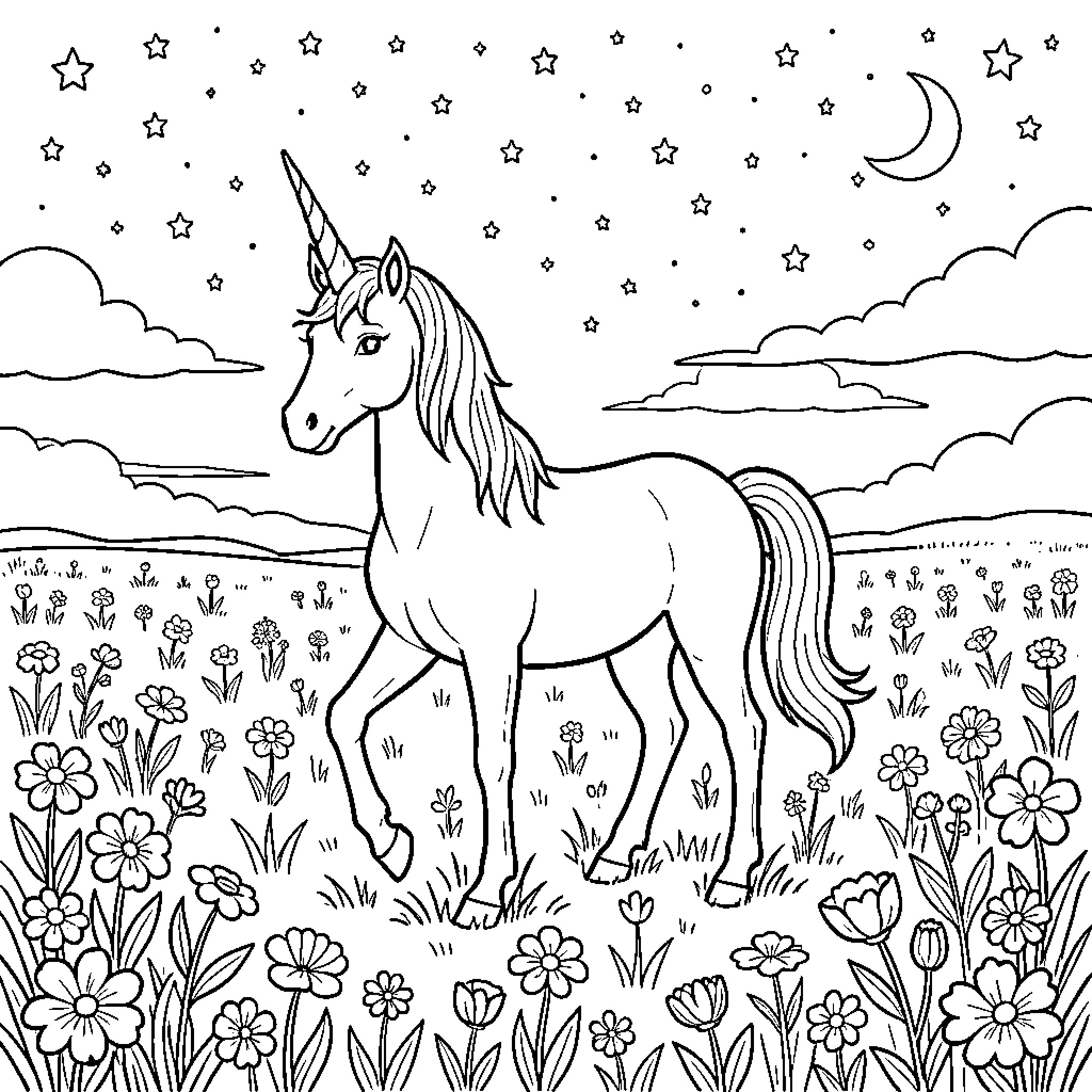 Unicorn standing peacefully in a field of flowers Coloring Page (free black-and-white line drawing printable PDF for all, from beginners to advanced learners, including children, teens, adults, and seniors)