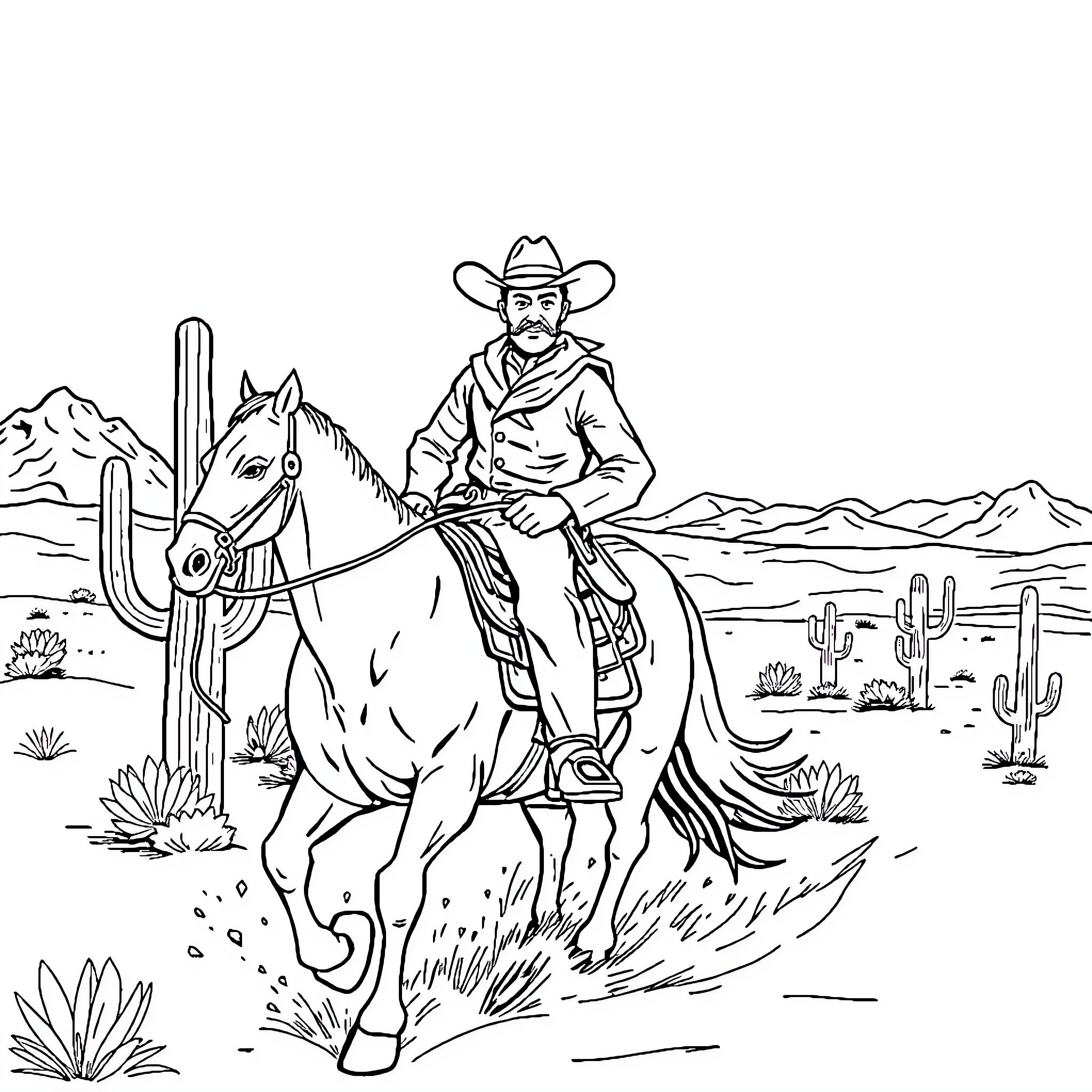 Cowboy riding a horse in the desert landscape Coloring Page (free black-and-white line drawing printable PDF for all, from beginners to advanced learners, including children, teens, adults, and seniors)