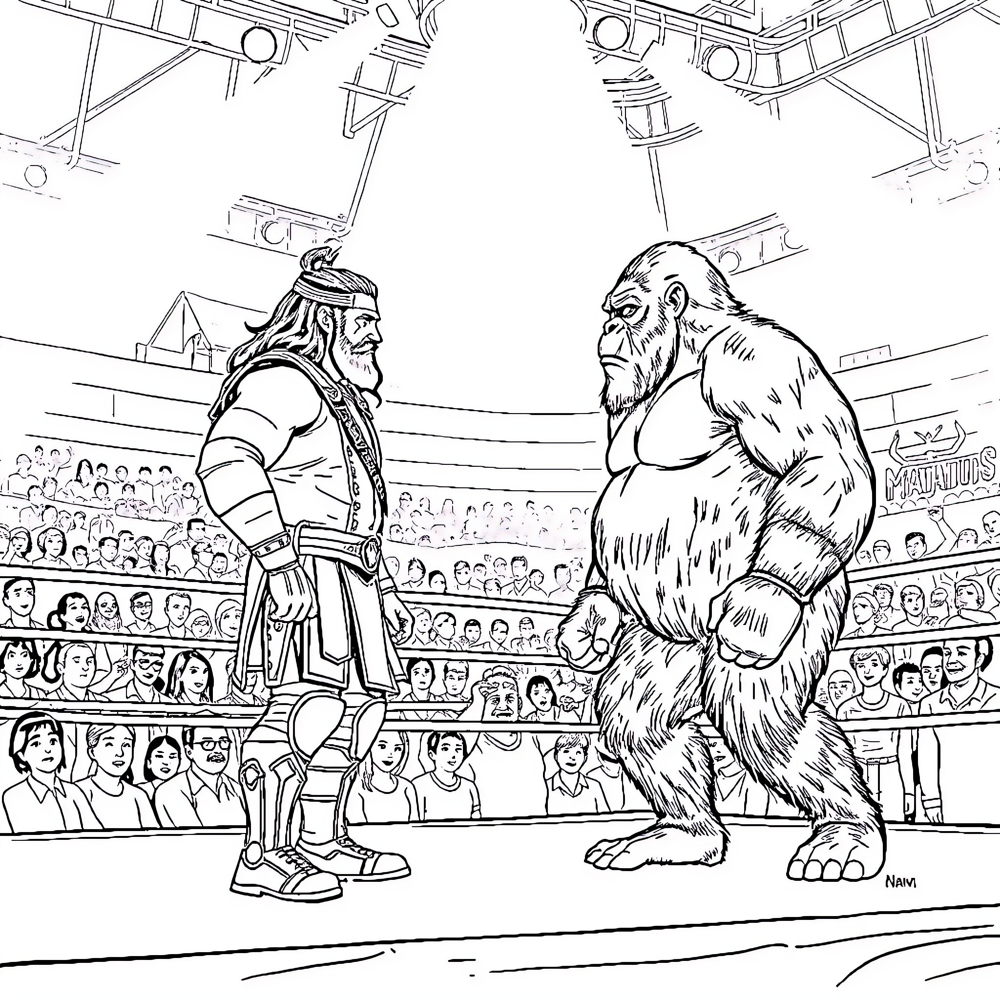 Roman Reigns vs. Massive Opponent in Wrestling Arena Coloring Page (free black-and-white line drawing printable PDF for all, from beginners to advanced learners, including children, teens, adults, and seniors)