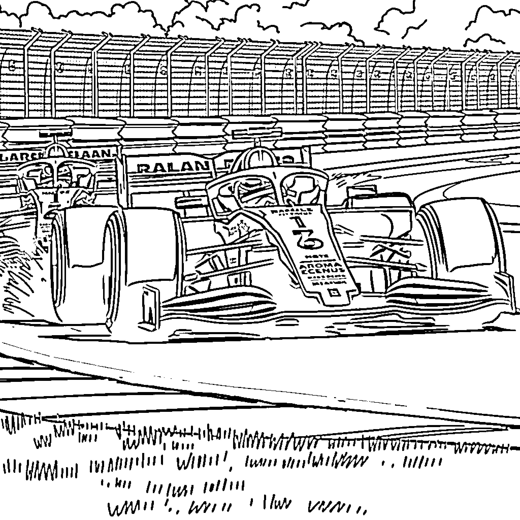 Lando's Thrilling Formula Race on the Circuit Coloring Page (free black-and-white line drawing printable PDF for all, from beginners to advanced learners, including children, teens, adults, and seniors)