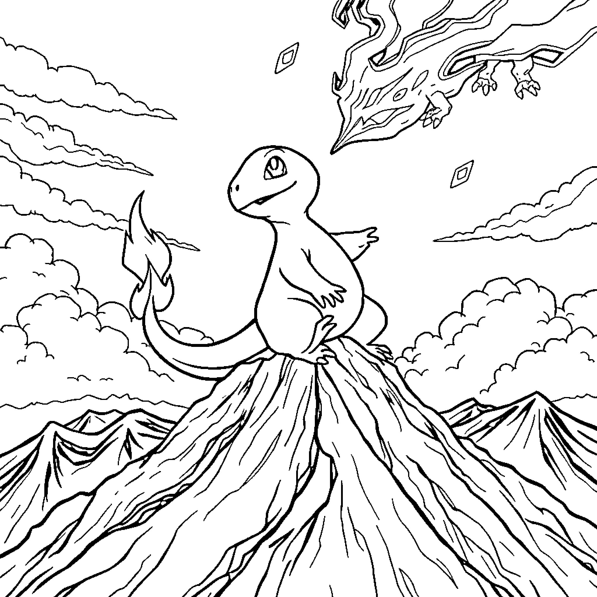 Charmander exploring volcanic landscape Coloring Page (free black-and-white line drawing printable PDF for all, from beginners to advanced learners, including children, teens, adults, and seniors)