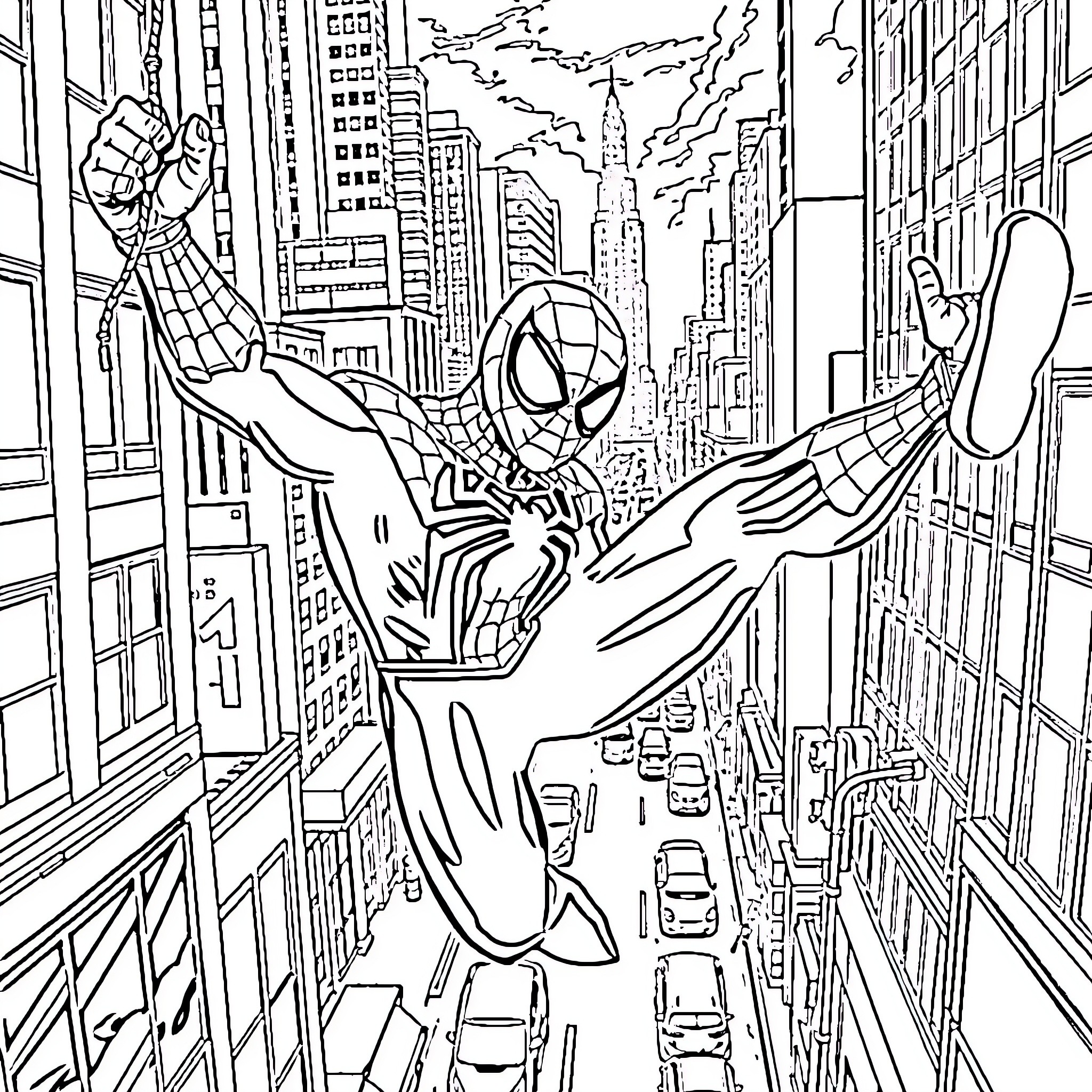 Spiderman swinging through the city skyline Coloring Page (free black-and-white line drawing printable PDF for all, from beginners to advanced learners, including children, teens, adults, and seniors)