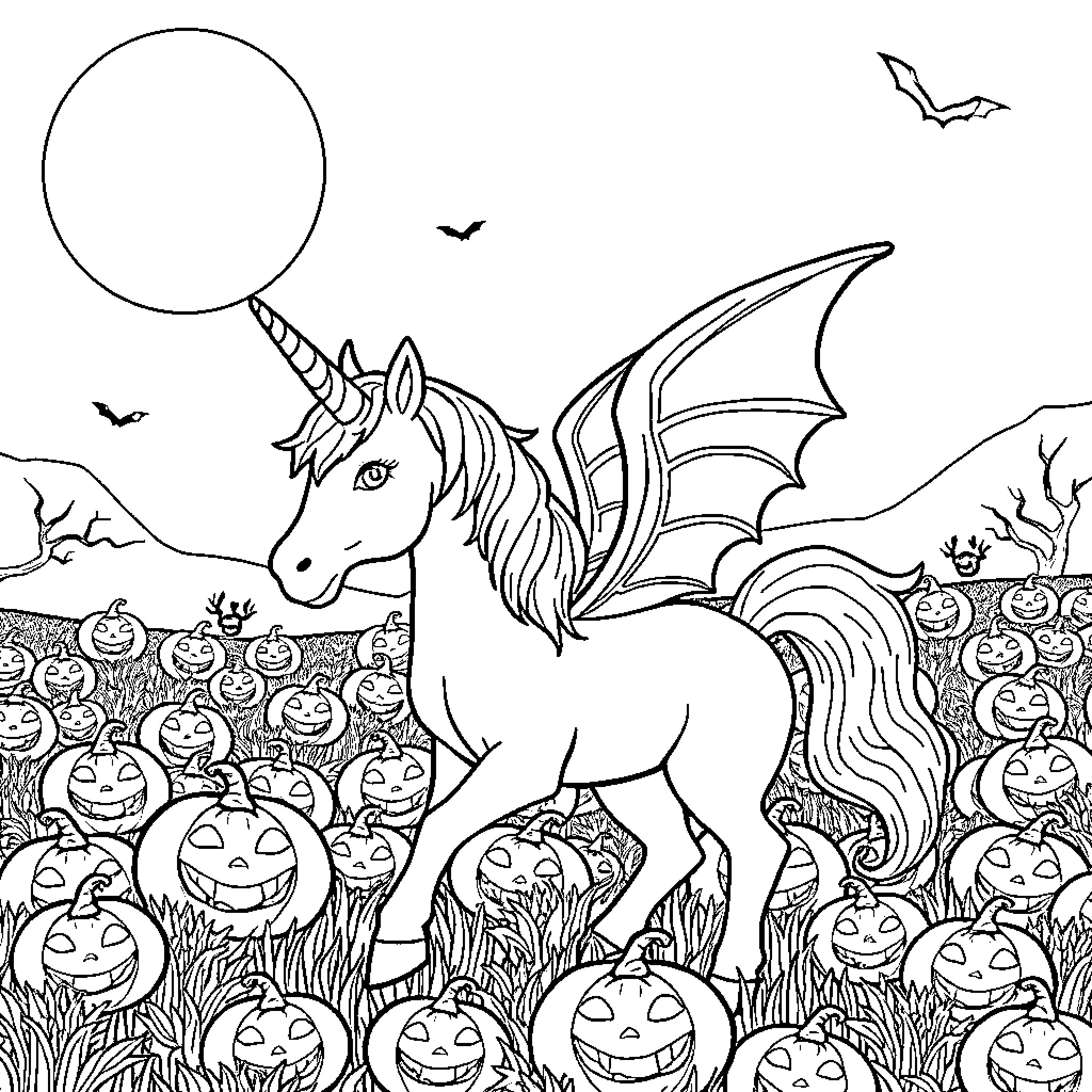 Unicorn soaring over jack-o'-lanterns in the night Coloring Page (free black-and-white line drawing printable PDF for all, from beginners to advanced learners, including children, teens, adults, and seniors)